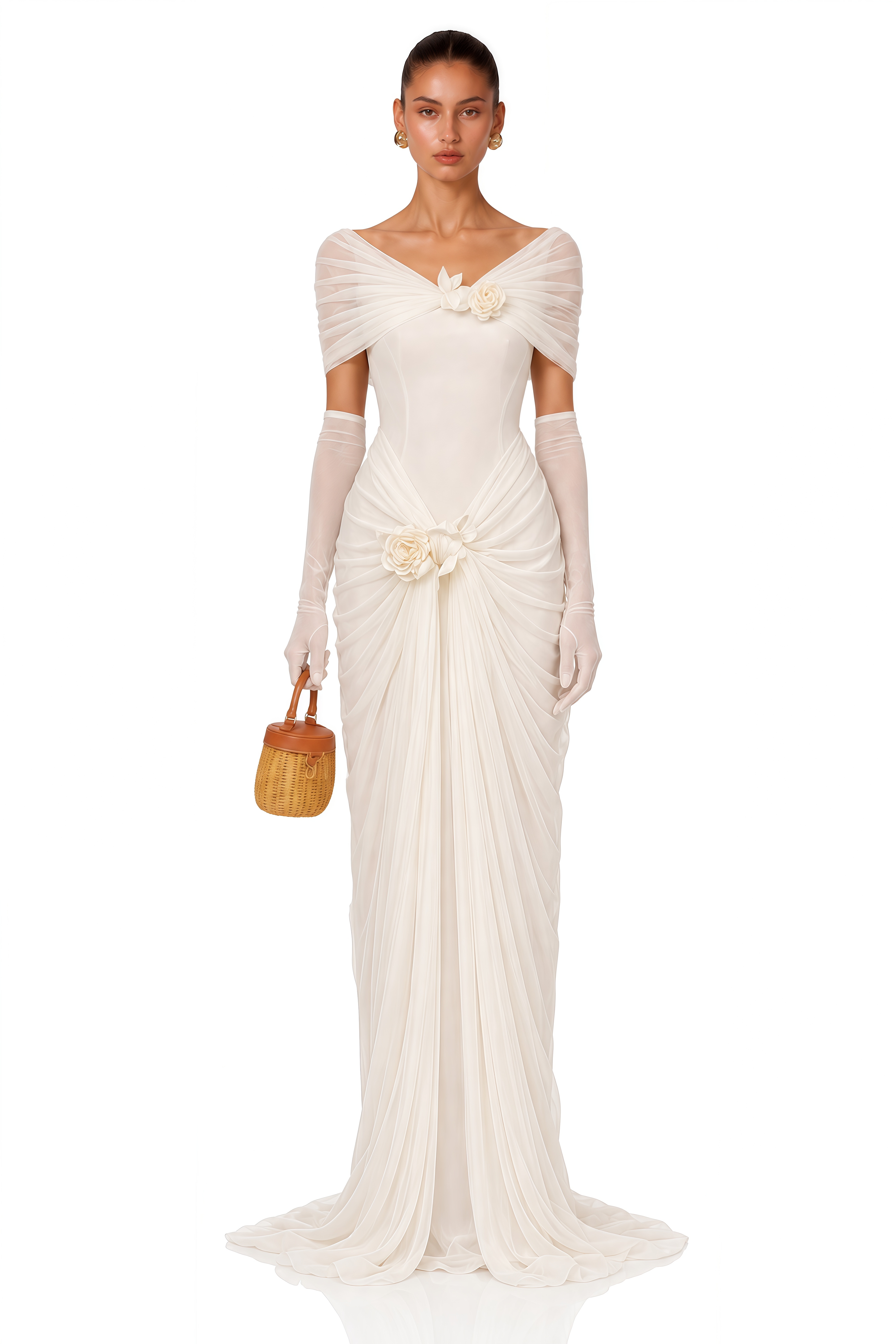 Elodie Ivory Off Shoulder Floral Draped Maxi Dress