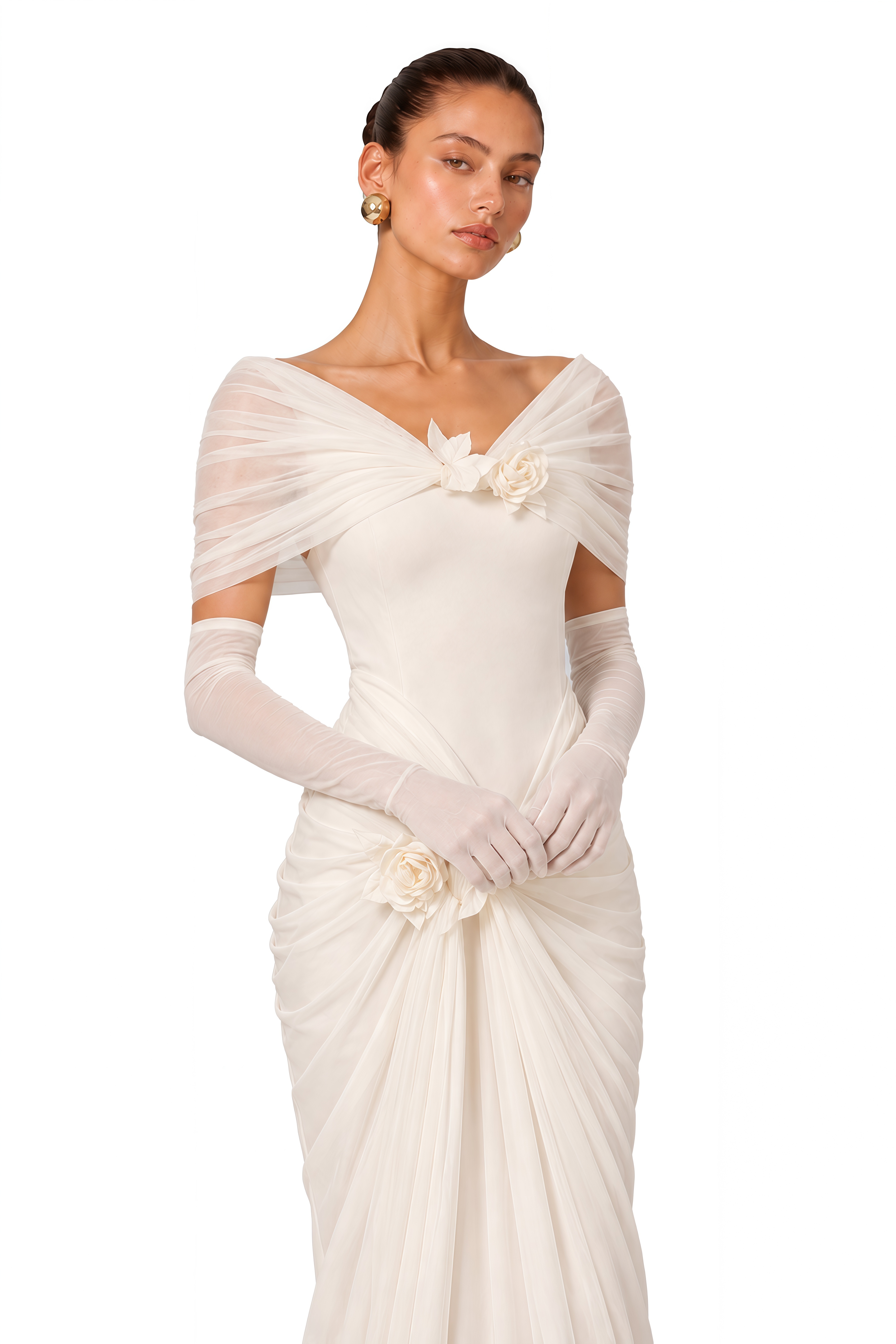 Elodie Ivory Off Shoulder Floral Draped Maxi Dress