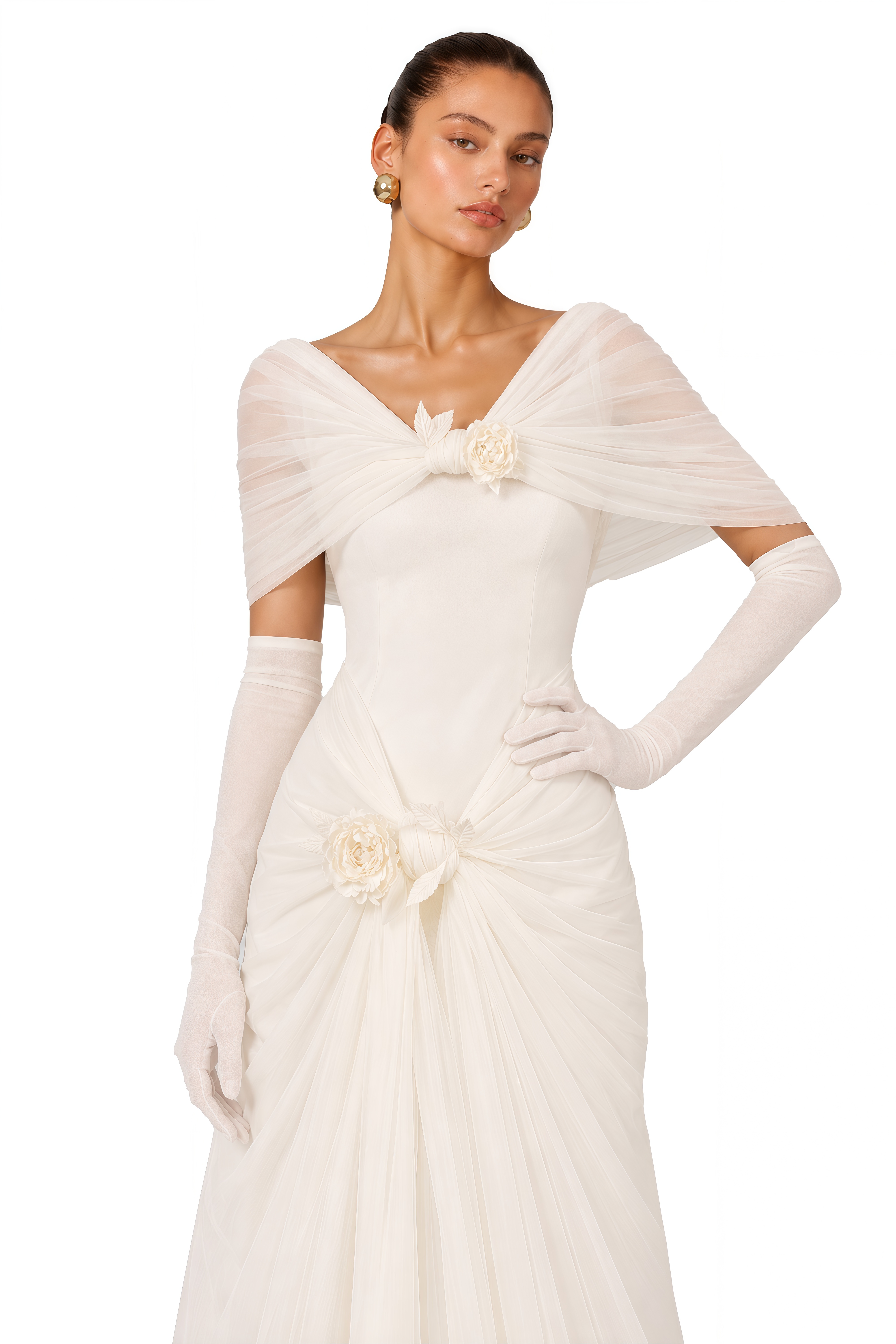 Elodie Ivory Off Shoulder Floral Draped Maxi Dress