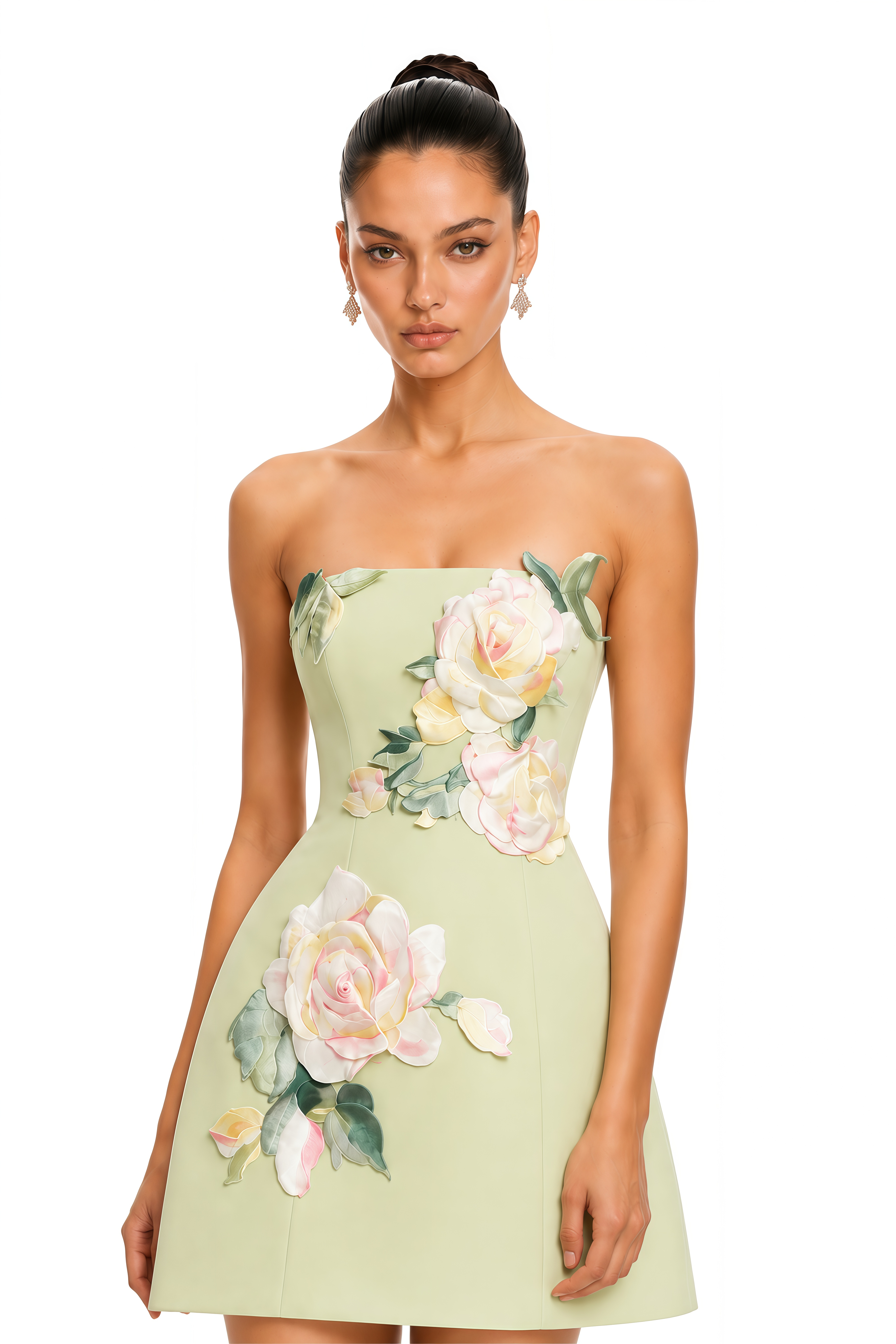 Elowen Green 3D Floral Strapless Mini Dress