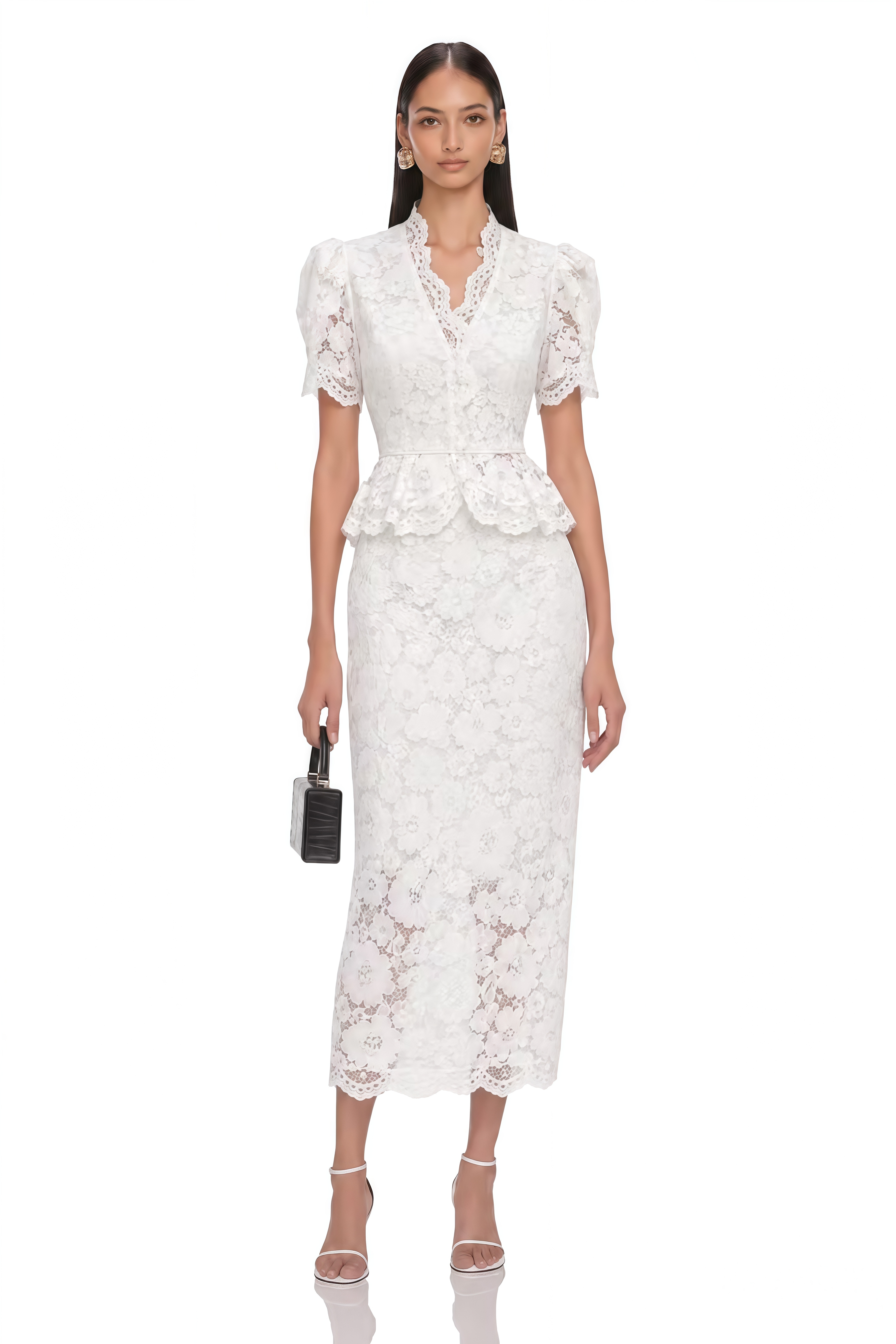 Elowen White Floral Lace Peplum Blouse & Midi Skirt Set
