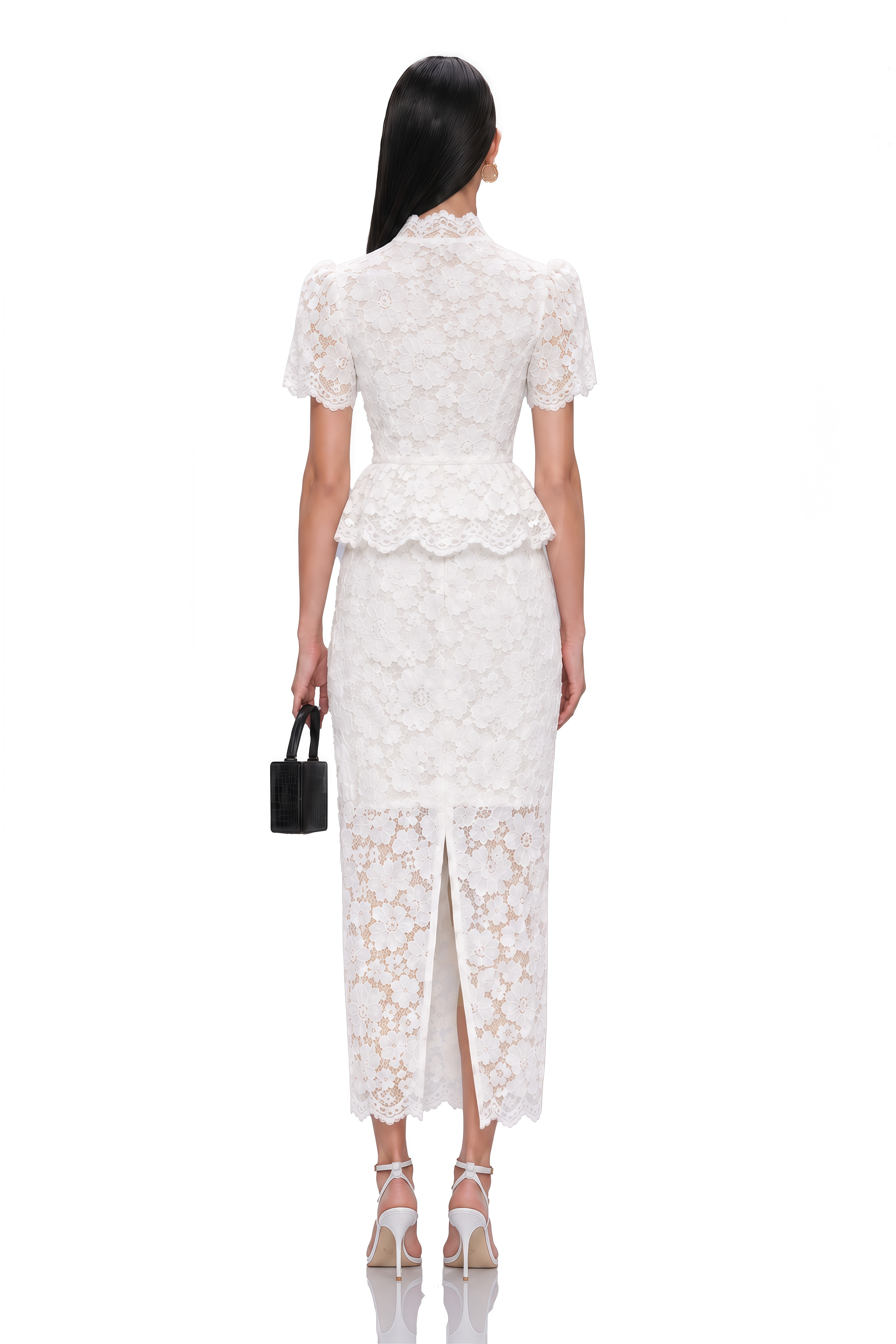 Elowen White Floral Lace Peplum Blouse & Midi Skirt Set