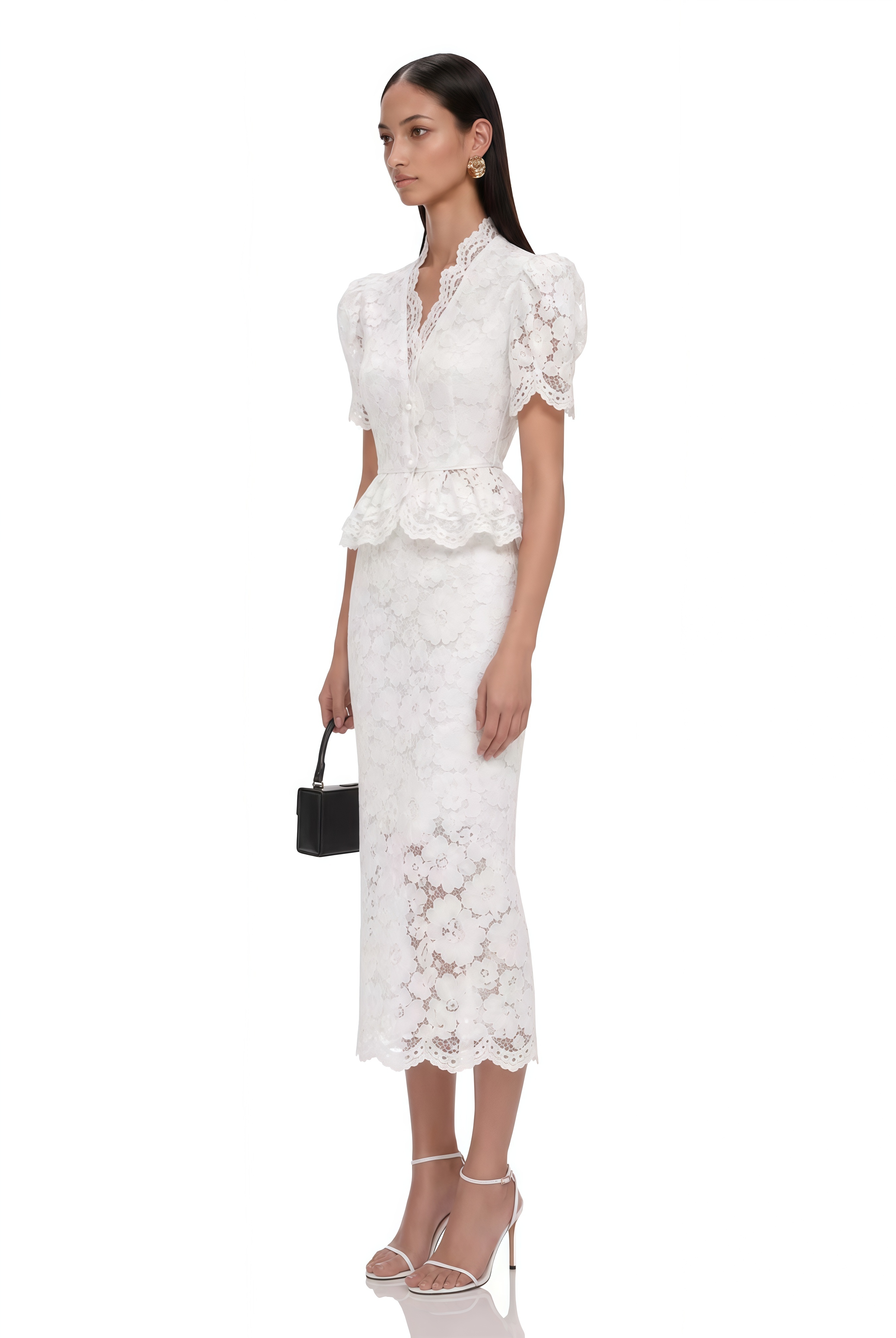 Elowen White Floral Lace Peplum Blouse & Midi Skirt Set