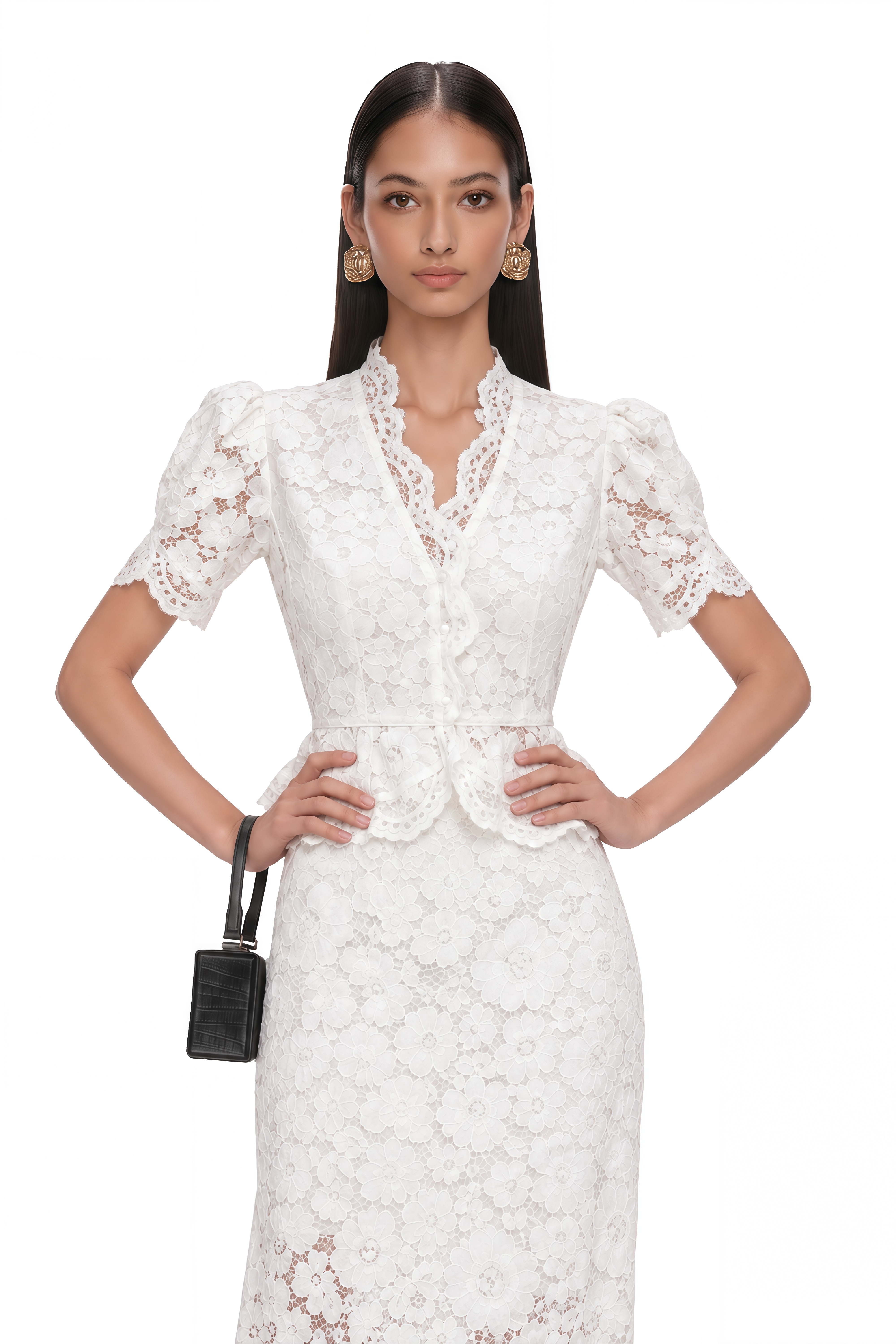 Elowen White Floral Lace Peplum Blouse & Midi Skirt Set