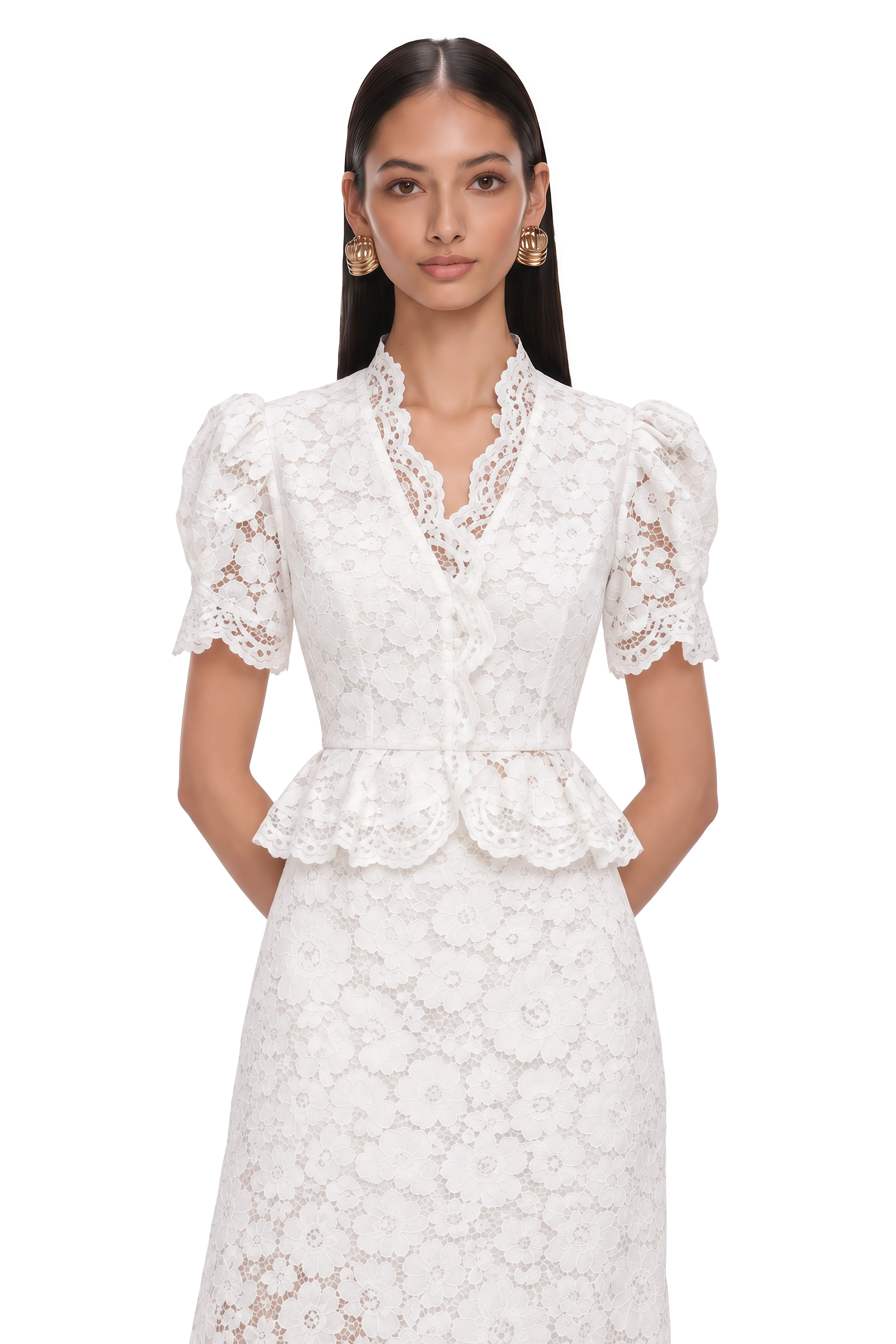 Elowen White Floral Lace Peplum Blouse & Midi Skirt Set