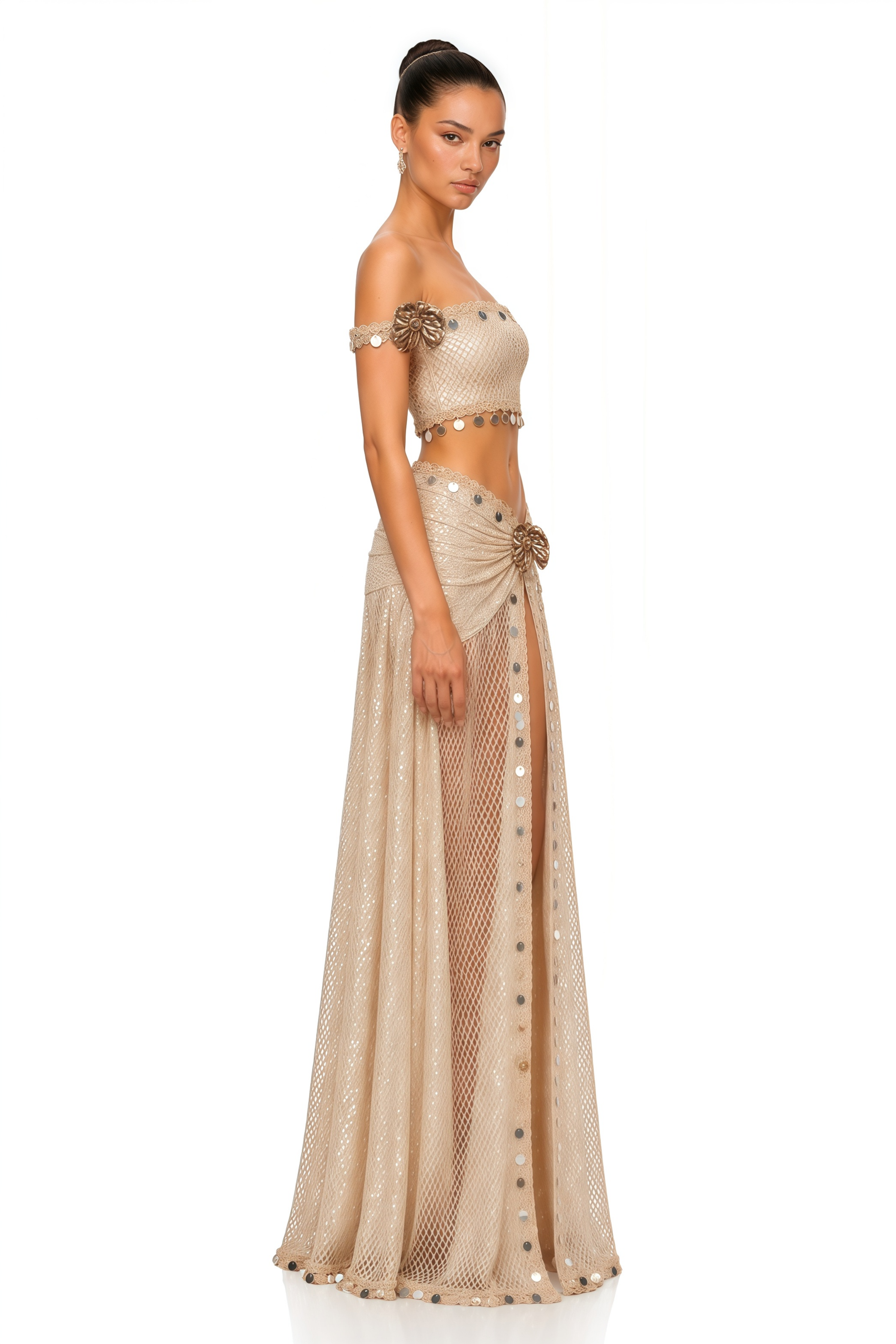 Elowena Beige Embellished Off-shoulder Top & Maxi Skirt Set