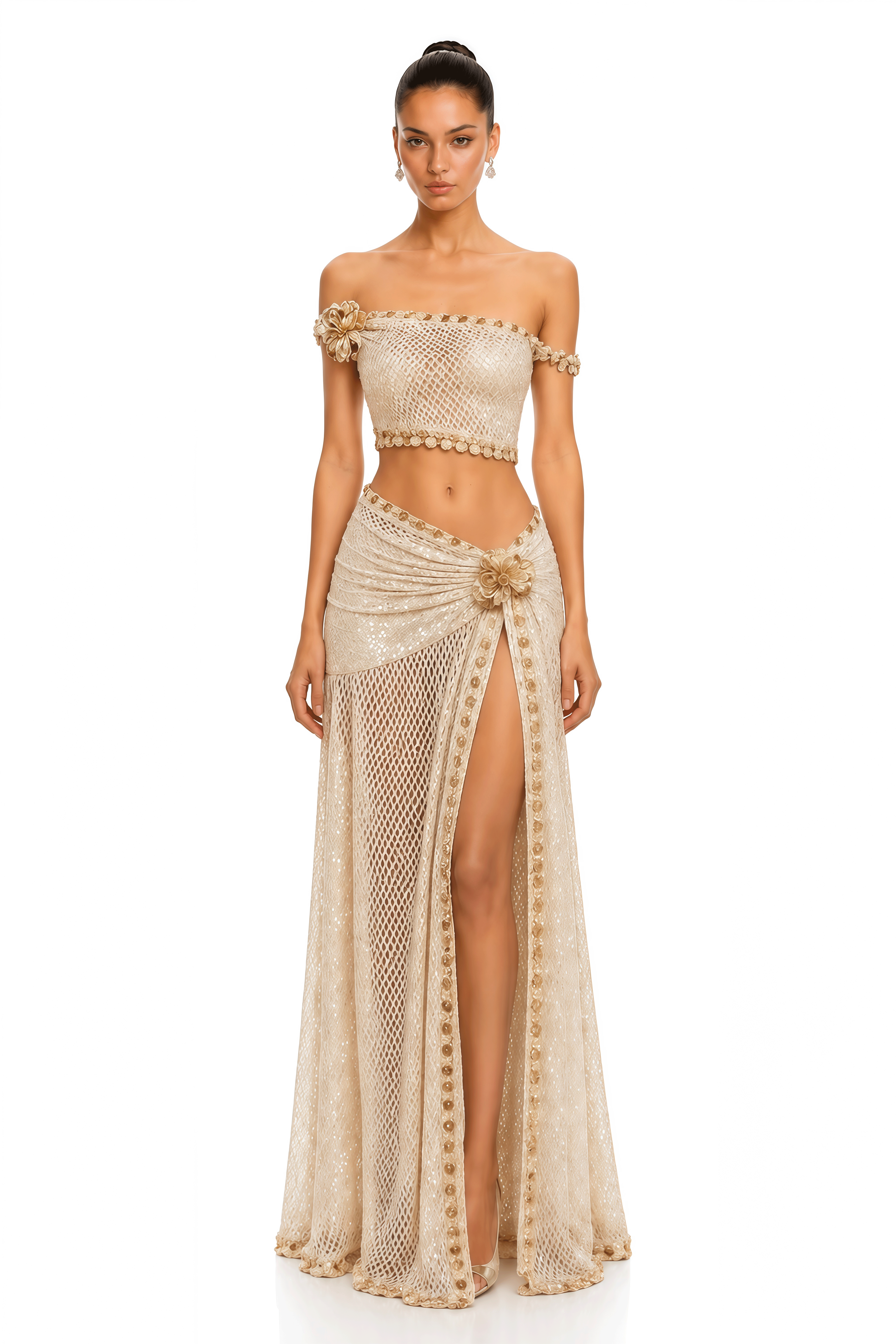 Elowena Beige Embellished Off-shoulder Top & Maxi Skirt Set