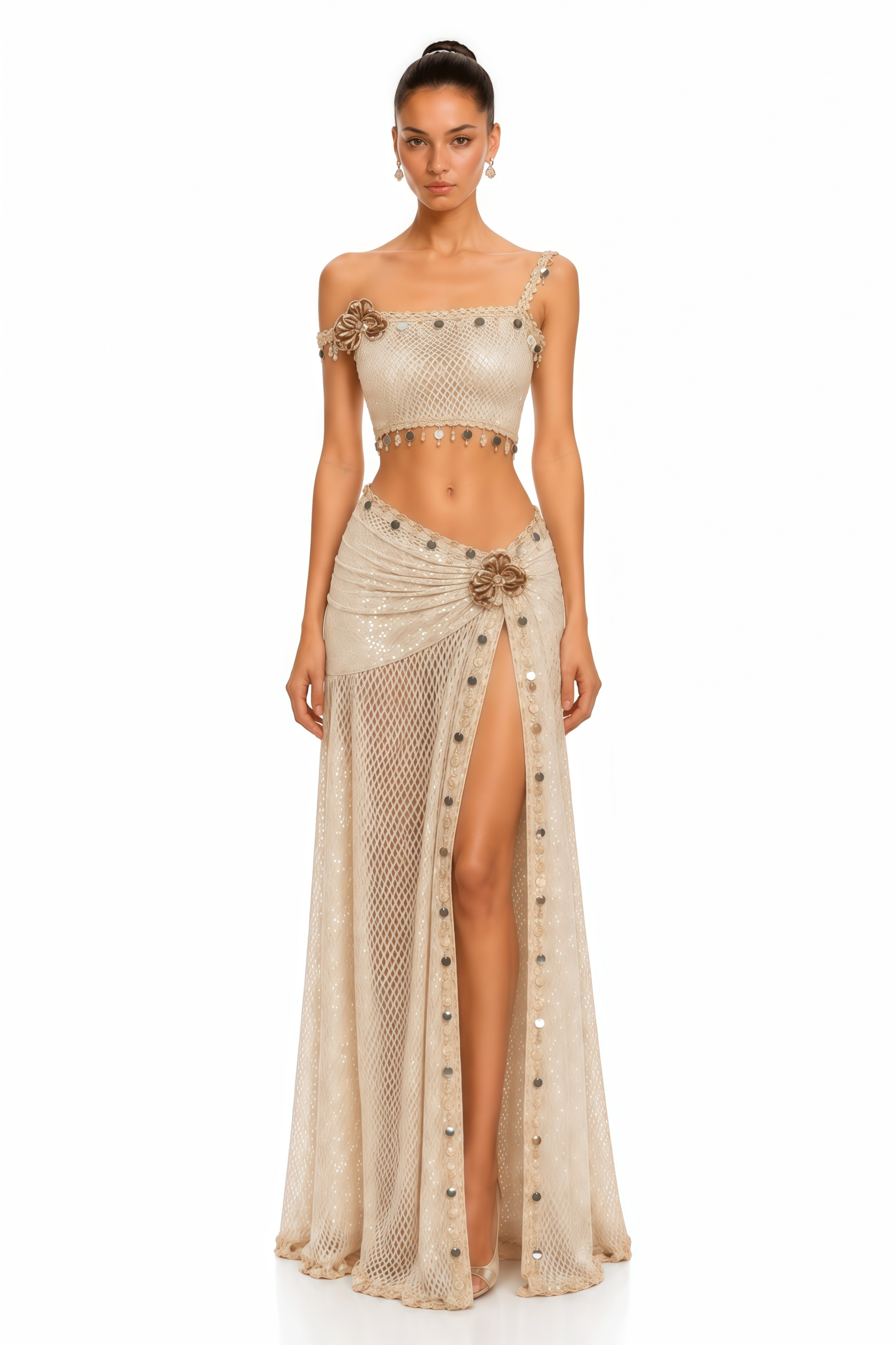 Elowena Beige Embellished Off-shoulder Top & Maxi Skirt Set