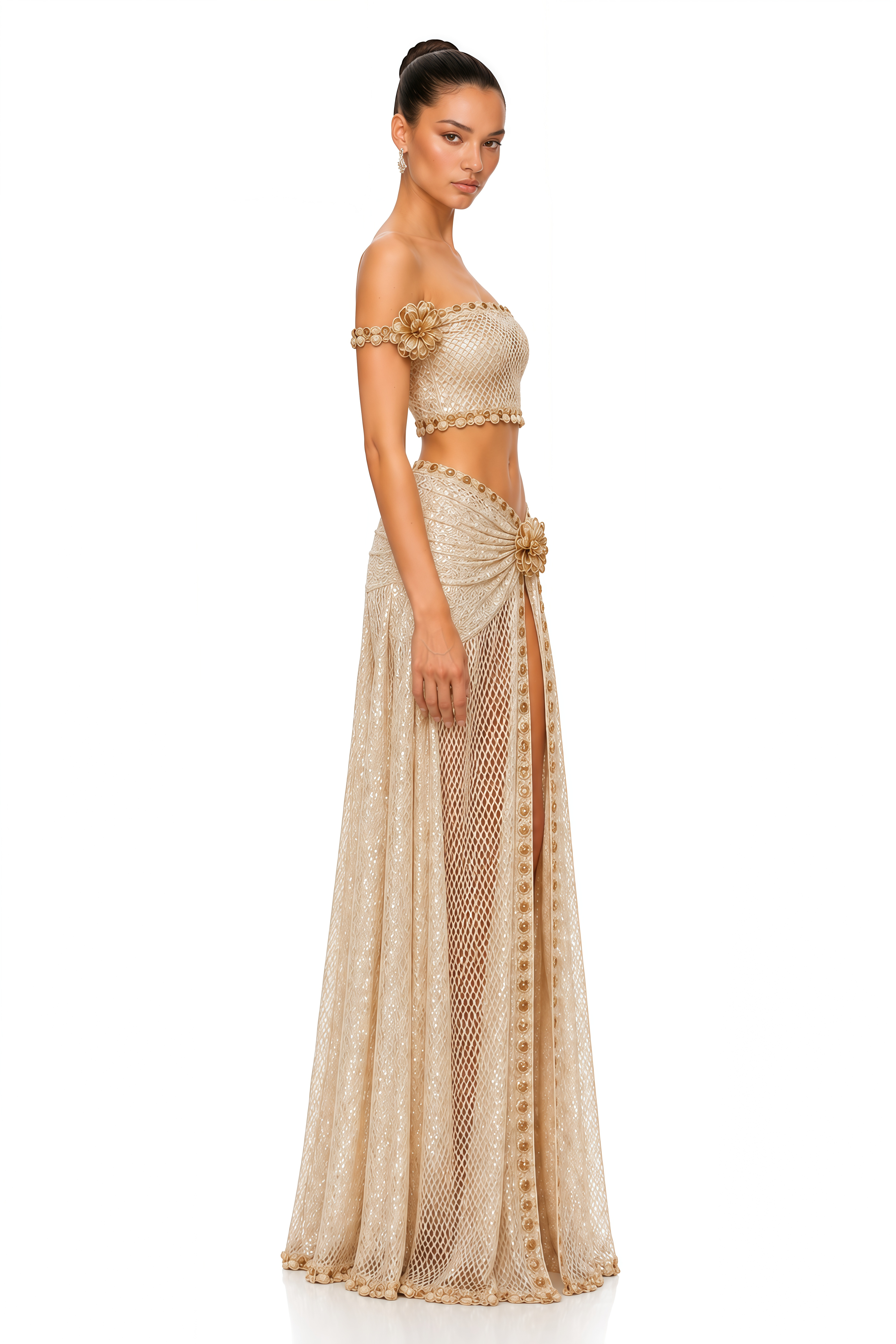 Elowena Beige Embellished Off-shoulder Top & Maxi Skirt Set