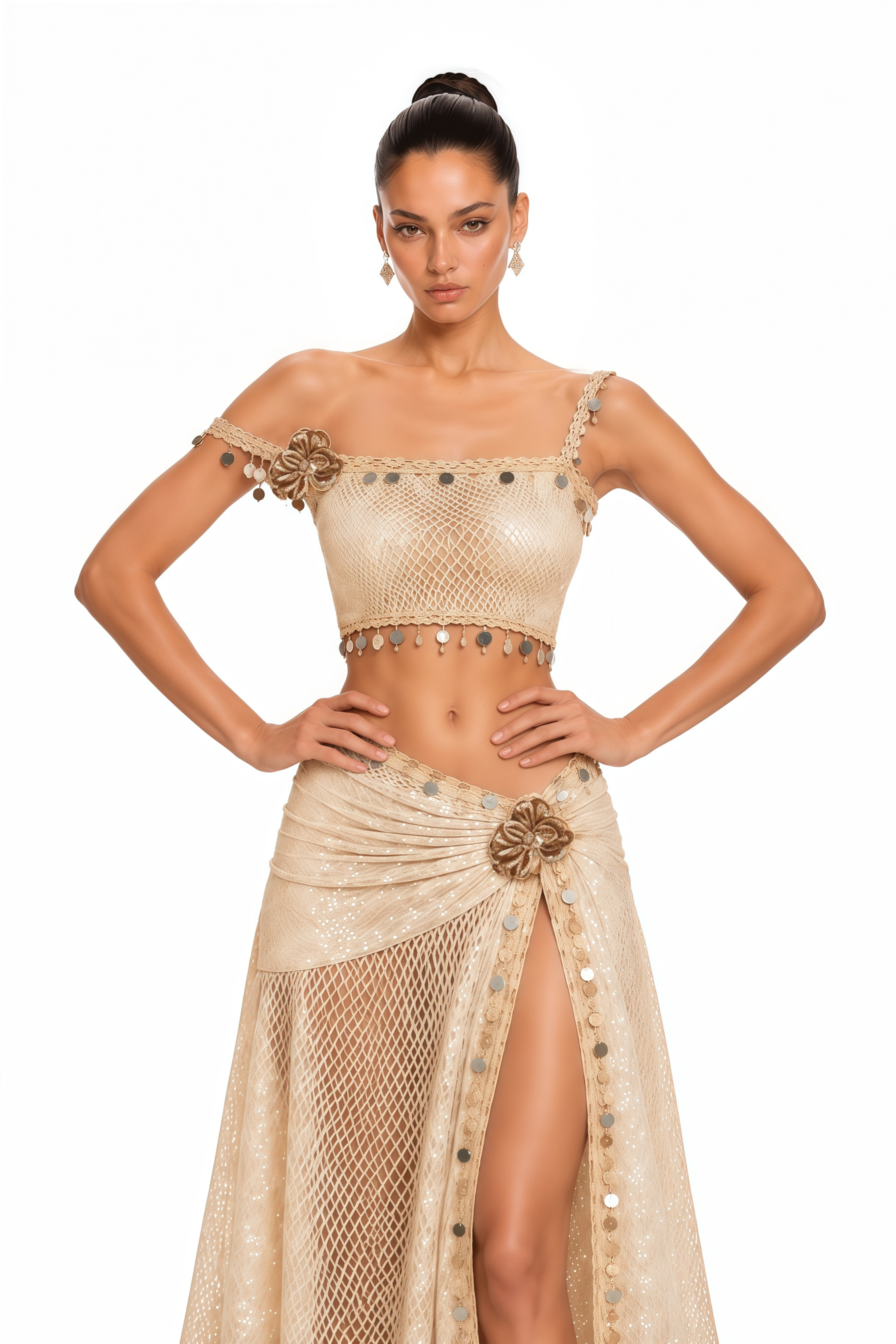 Elowena Beige Embellished Off-shoulder Top & Maxi Skirt Set