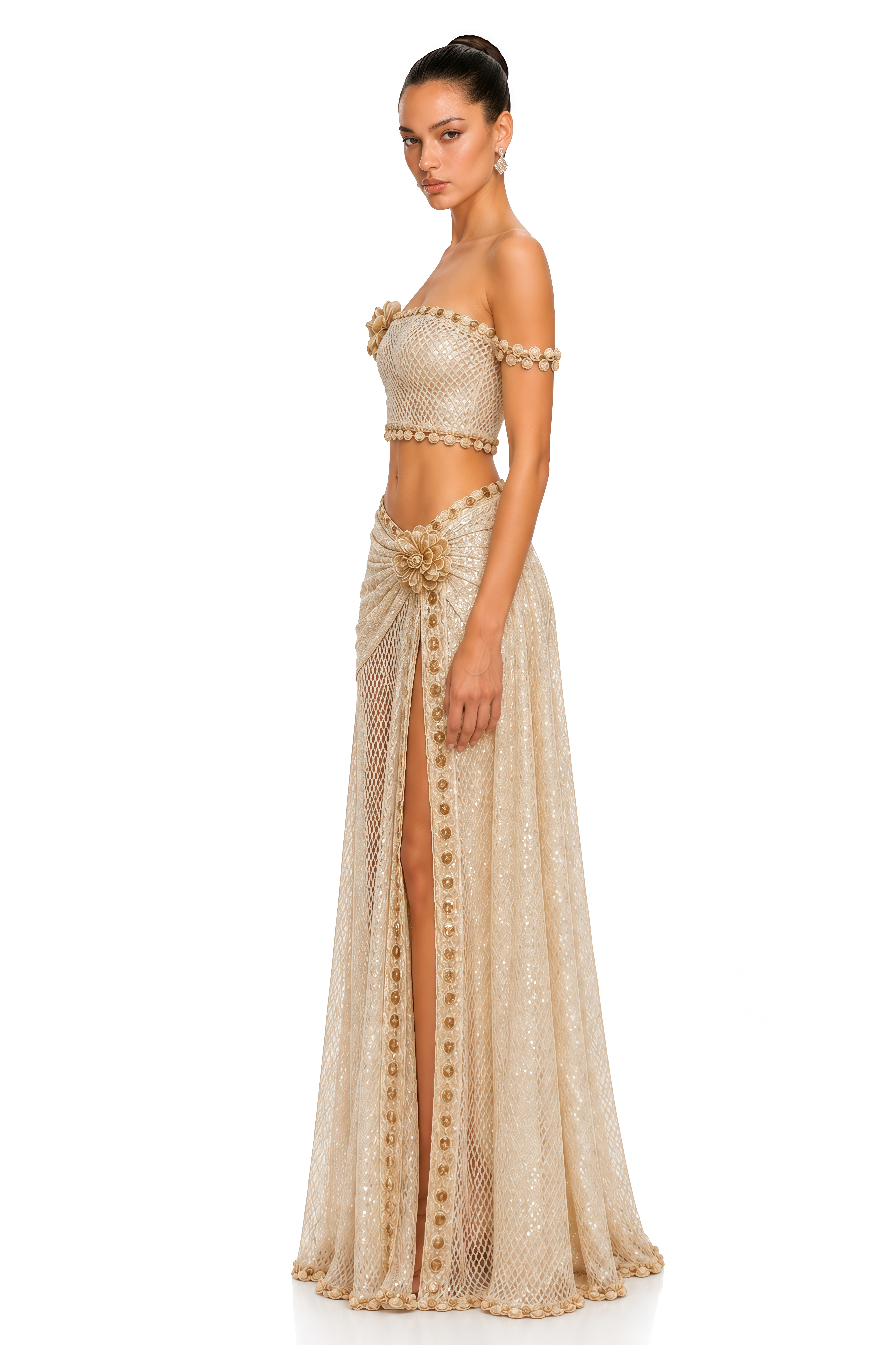 Elowena Beige Embellished Off-shoulder Top & Maxi Skirt Set