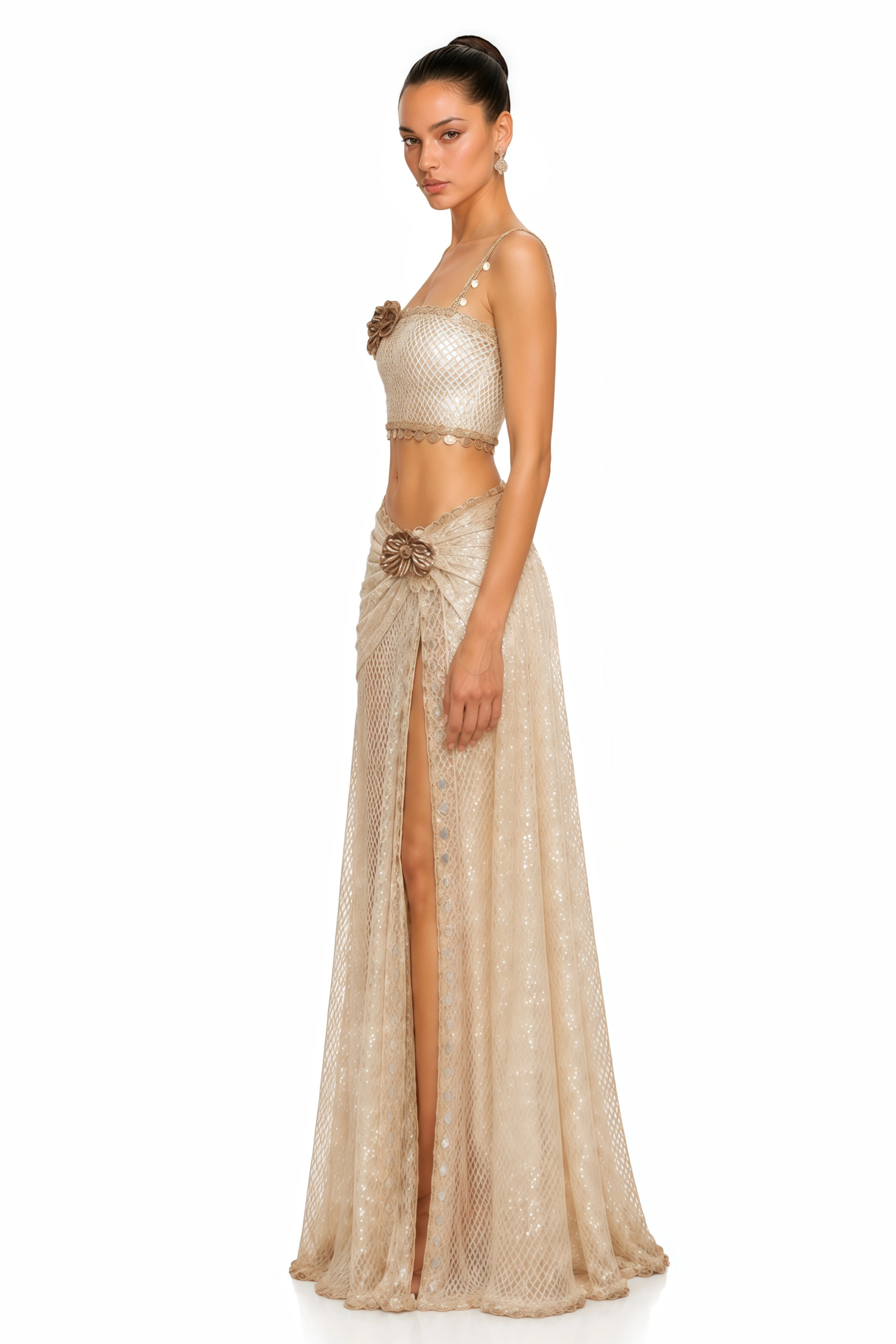 Elowena Beige Embellished Off-shoulder Top & Maxi Skirt Set