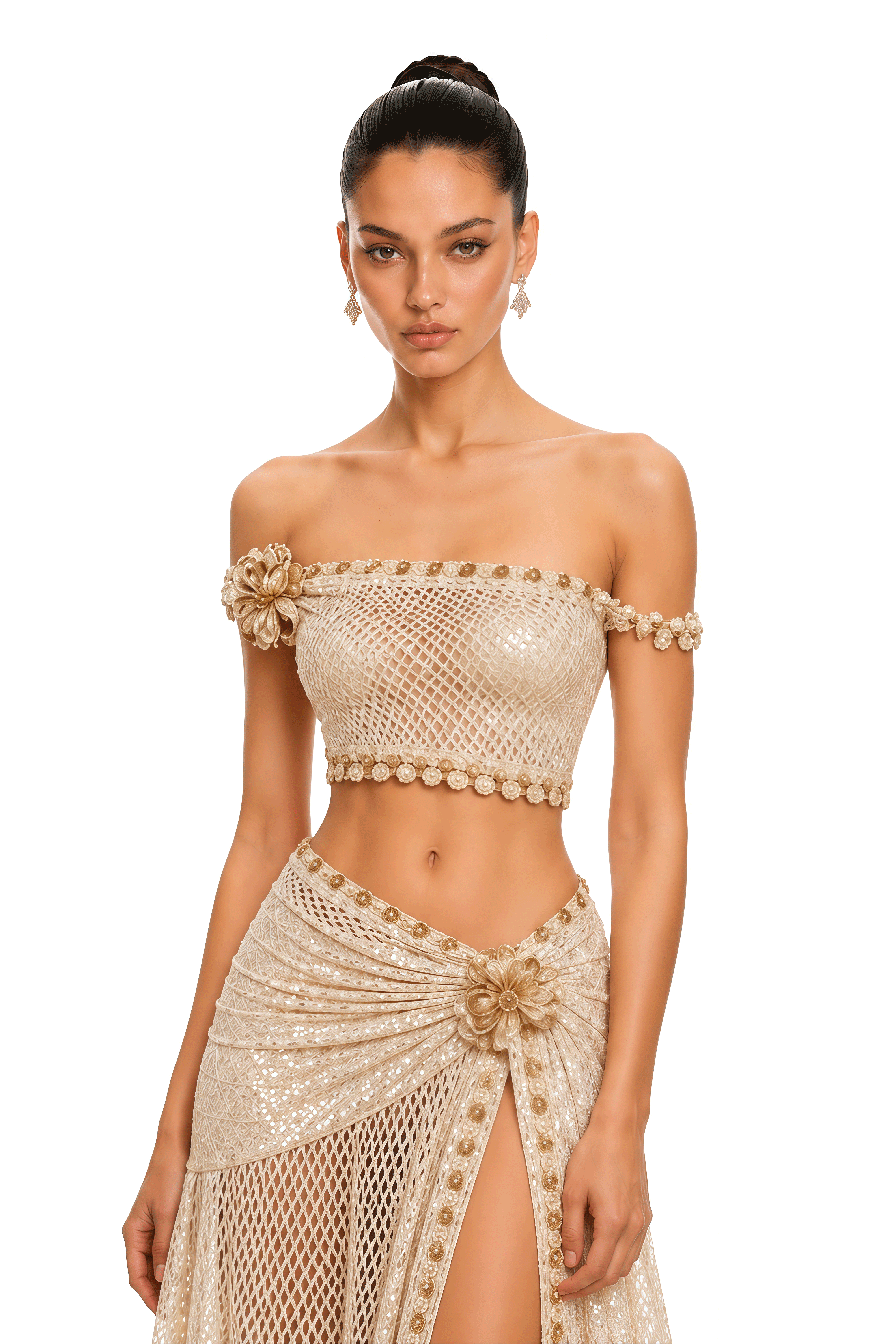 Elowena Beige Embellished Off-shoulder Top & Maxi Skirt Set
