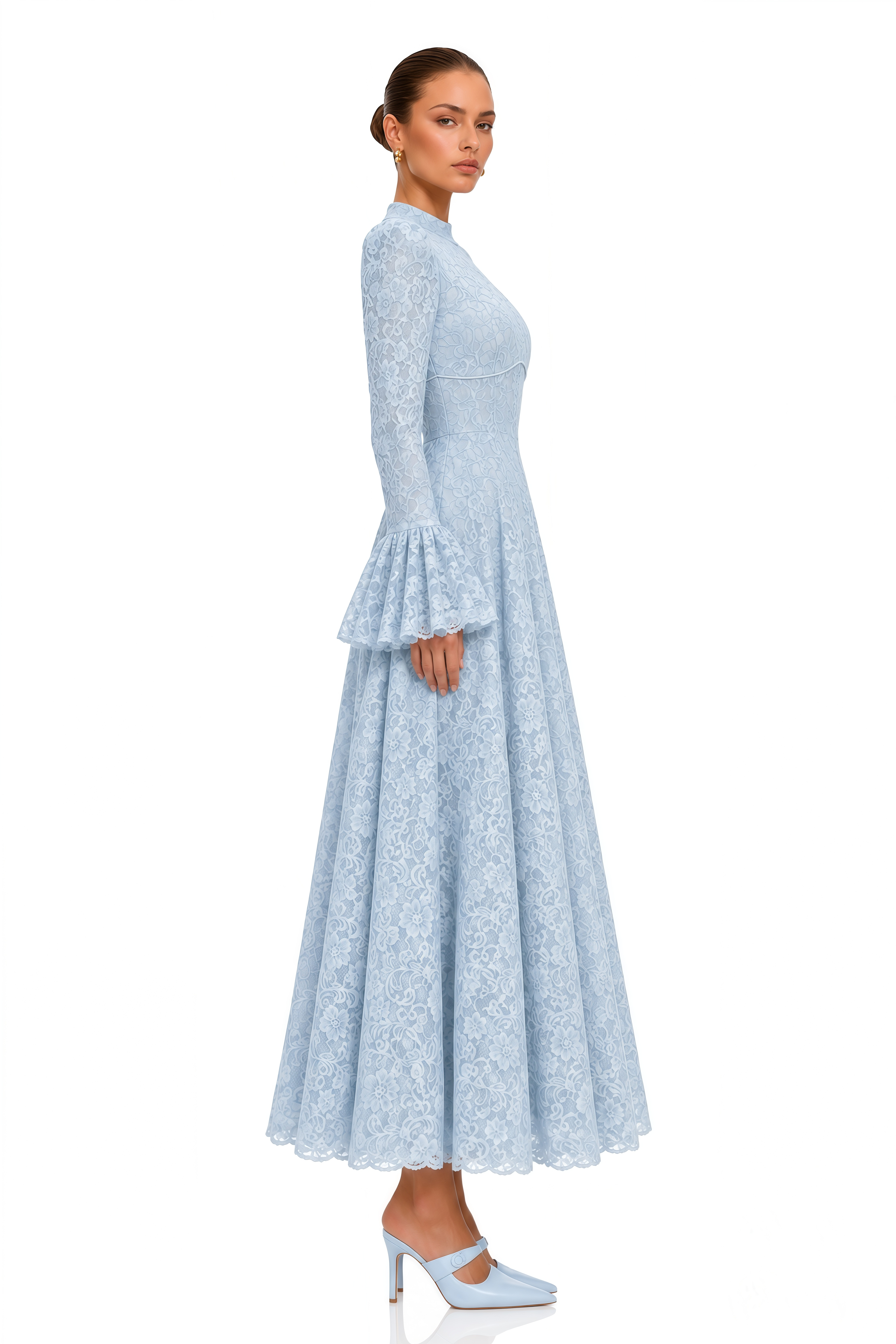 Elowena Blue Floral Lace High Neck Maxi Dress