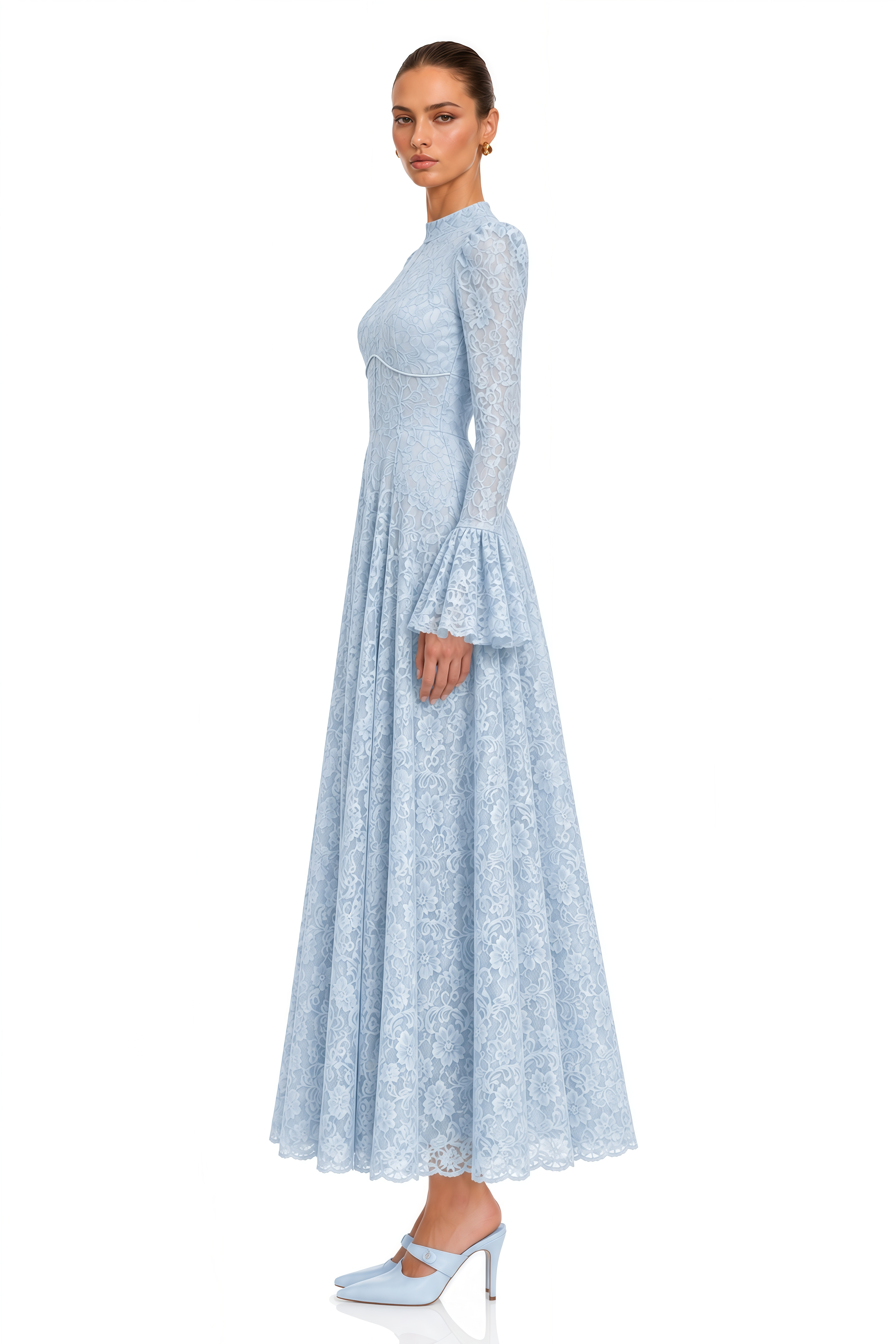 Elowena Blue Floral Lace High Neck Maxi Dress