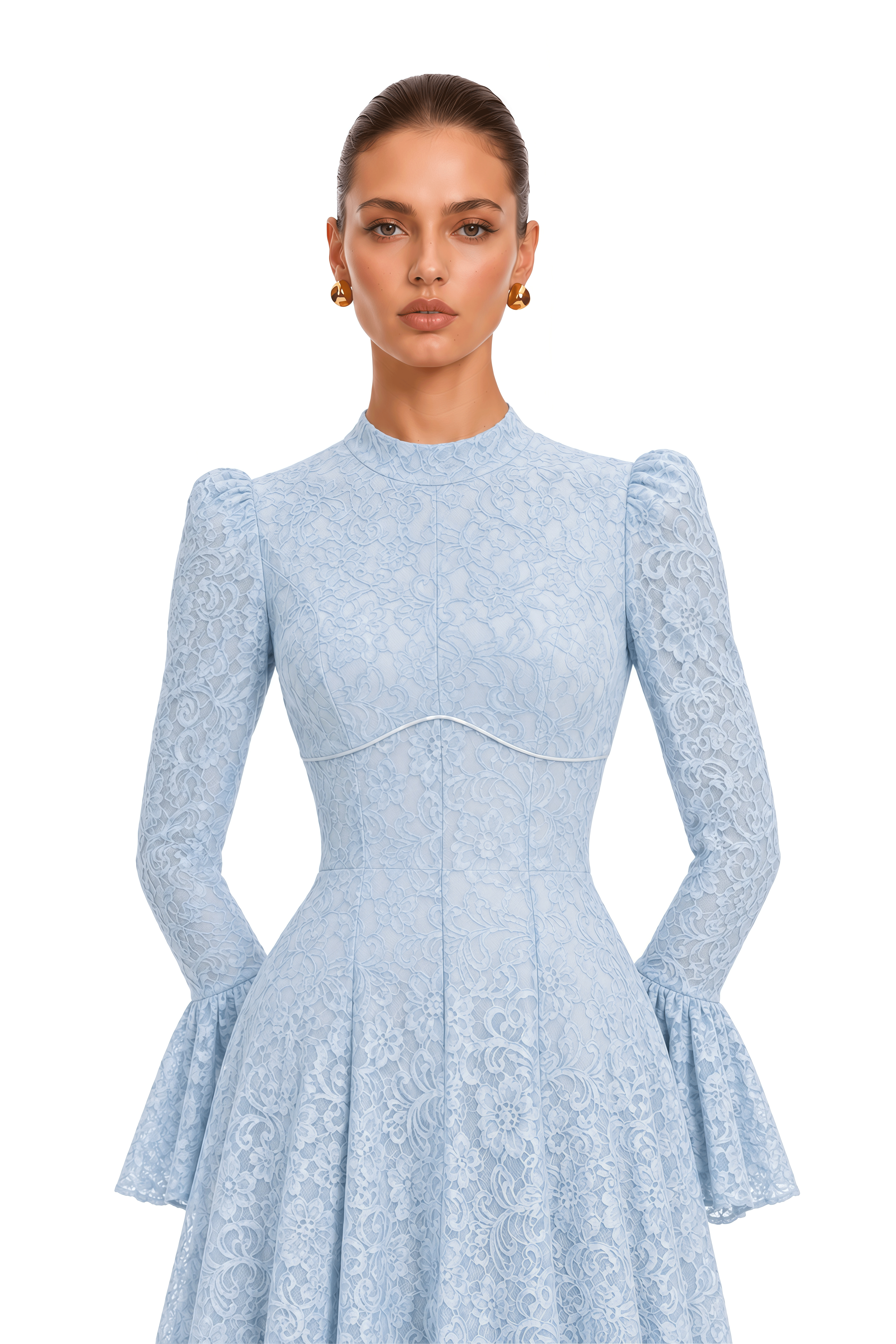 Elowena Blue Floral Lace High Neck Maxi Dress