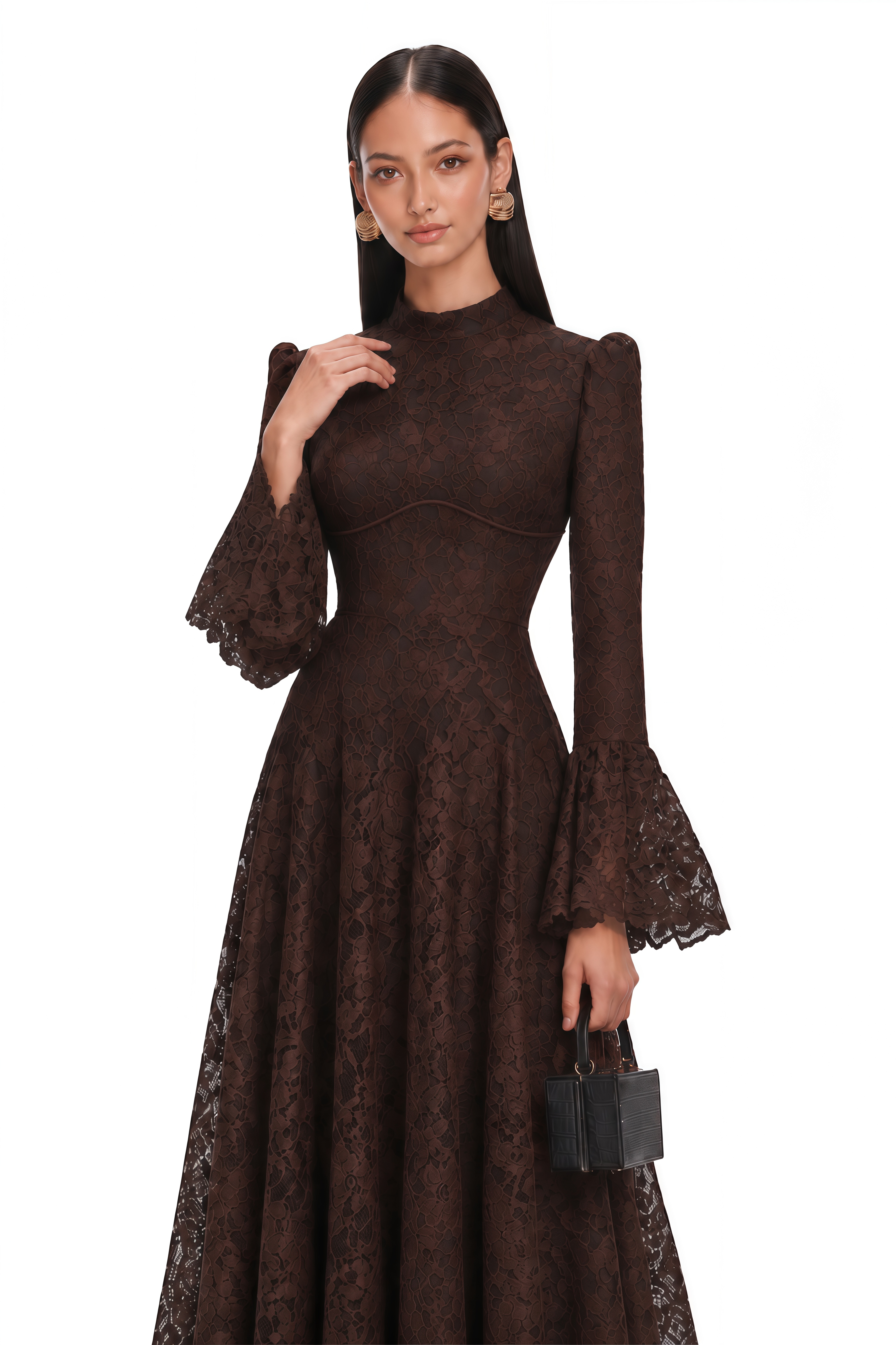 Elowena Brown Floral Lace High Neck Maxi Dress