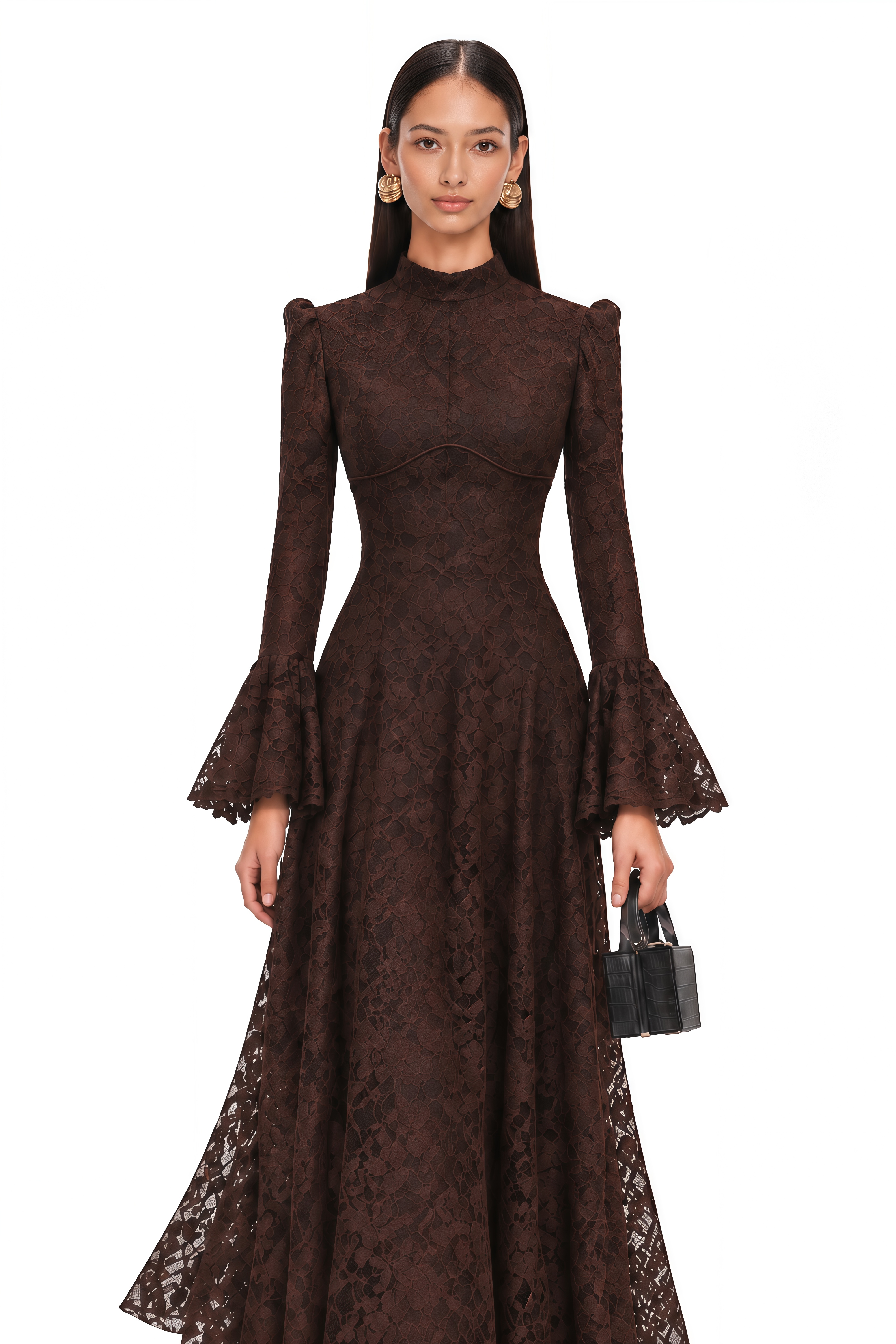 Elowena Brown Floral Lace High Neck Maxi Dress