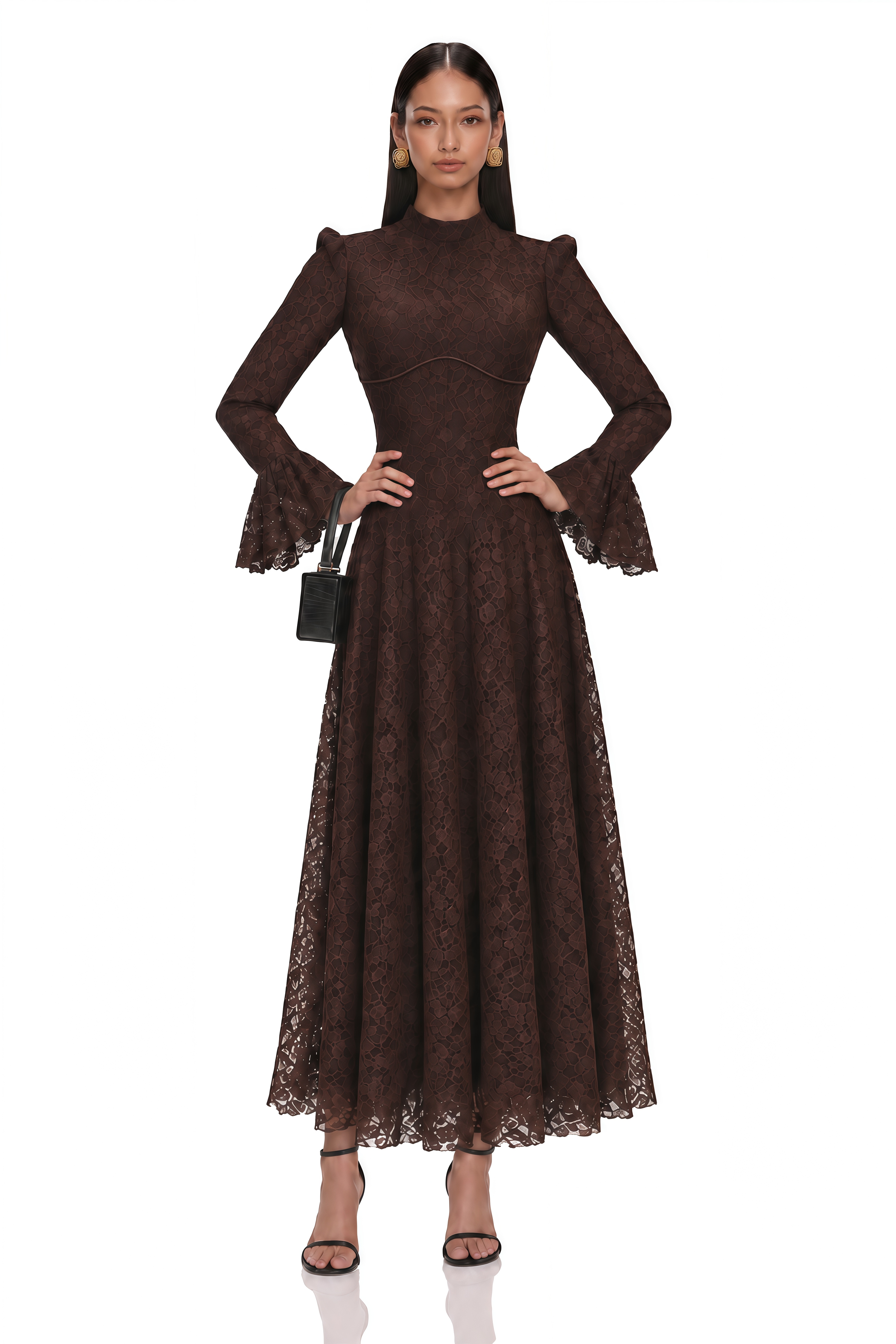 Elowena Brown Floral Lace High Neck Maxi Dress