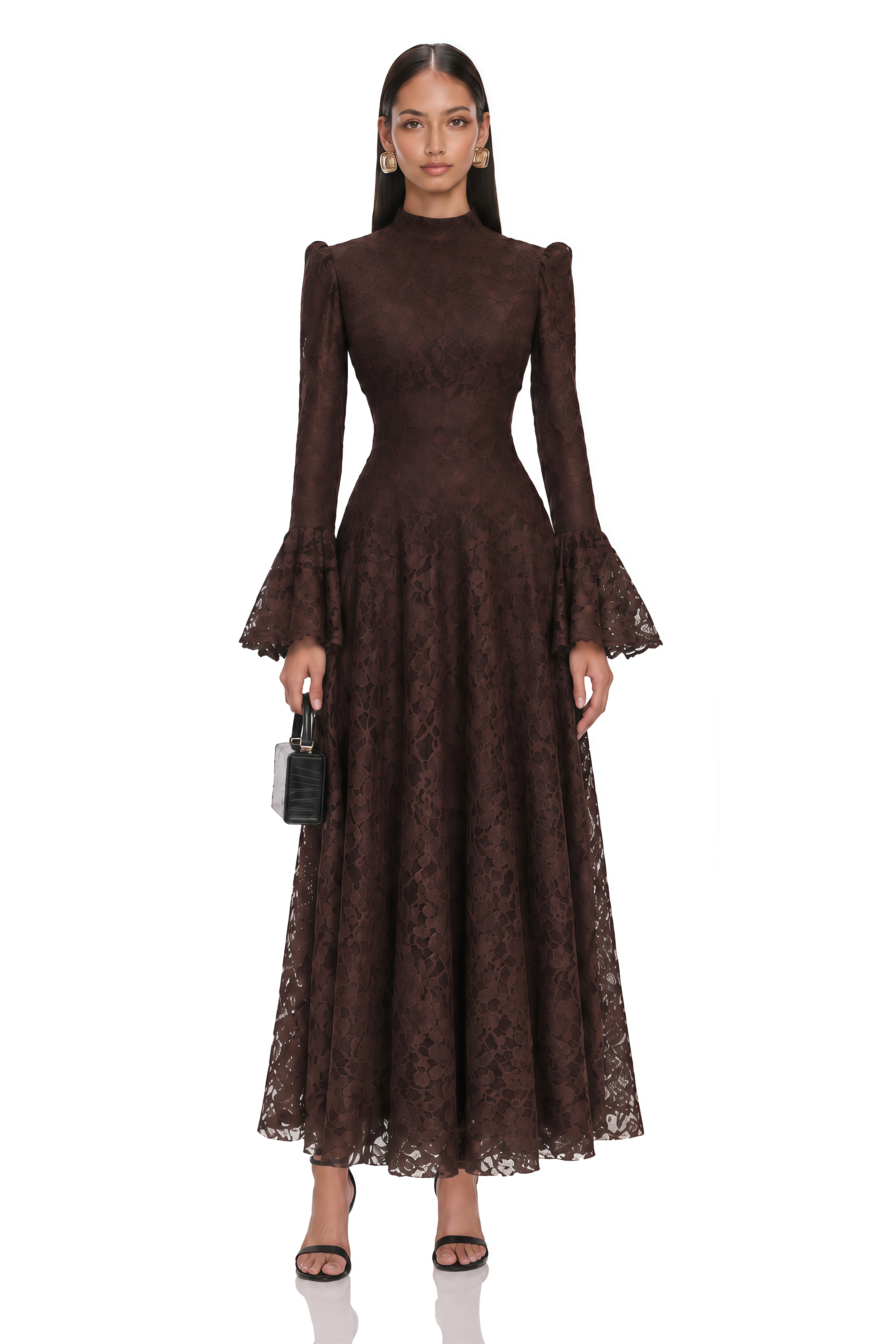 Elowena Chocolate Brown Floral Lace High Neck Maxi Dress