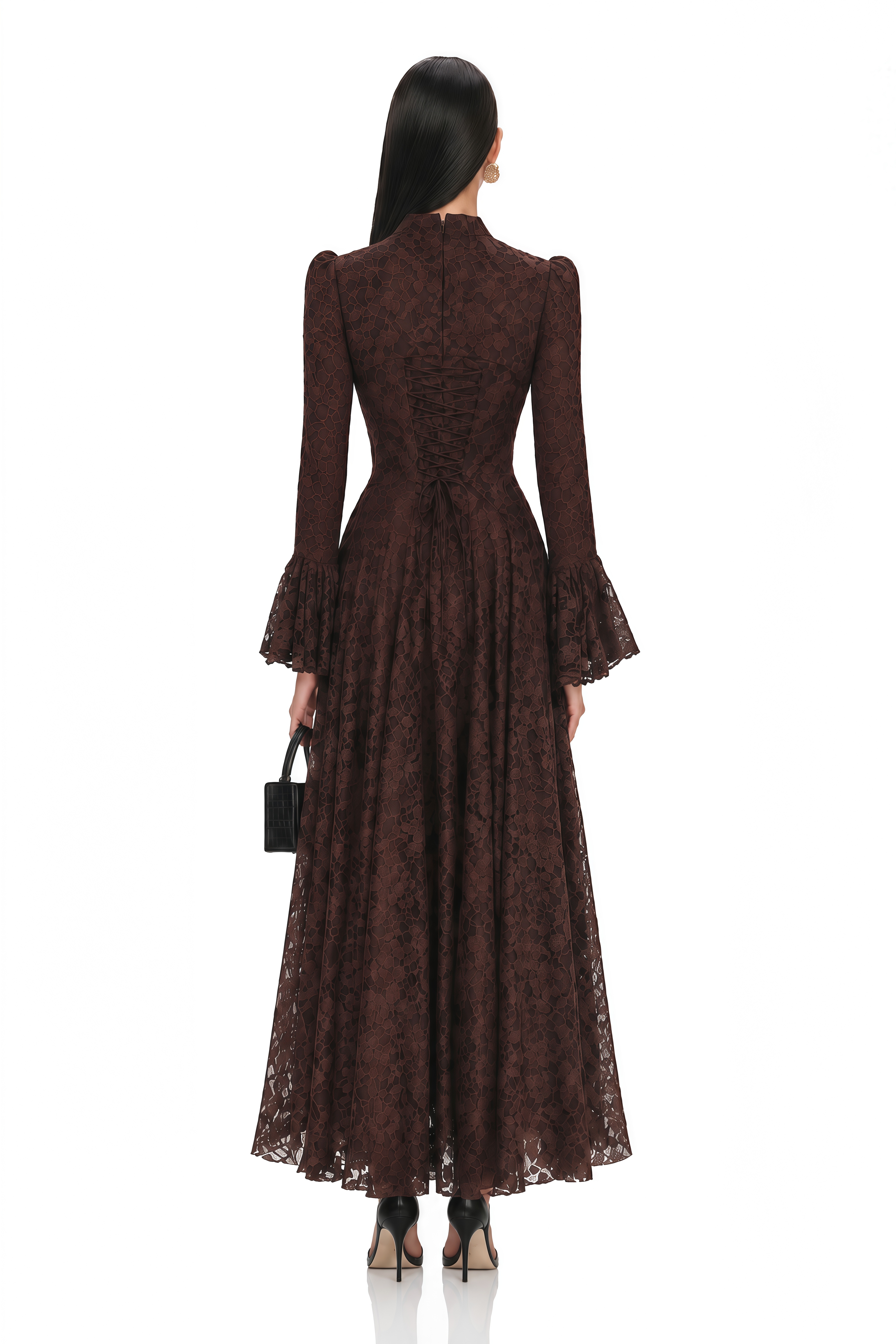 Elowena Brown Floral Lace High Neck Maxi Dress