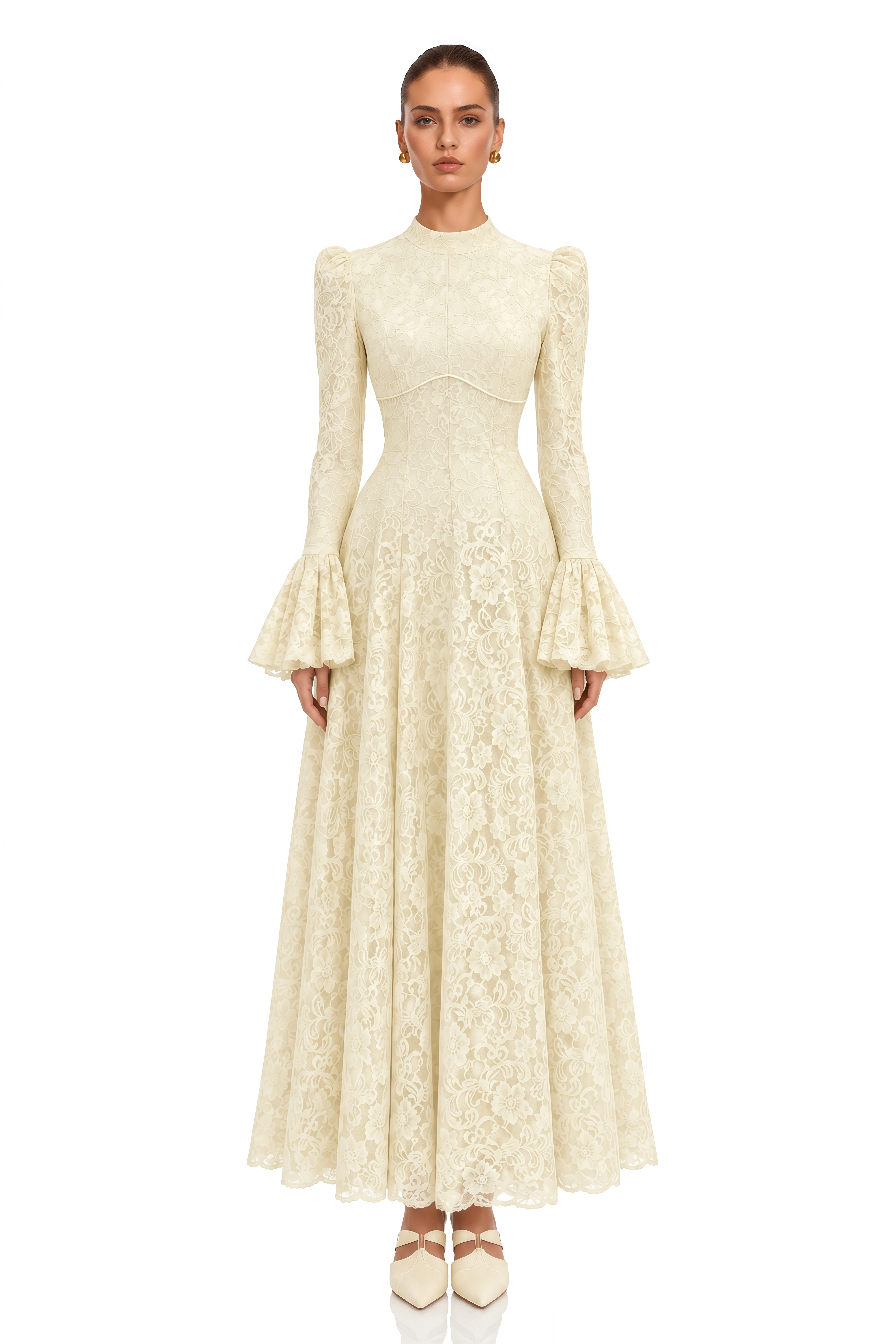 Elowena Ivory Floral Lace High Neck Maxi Dress