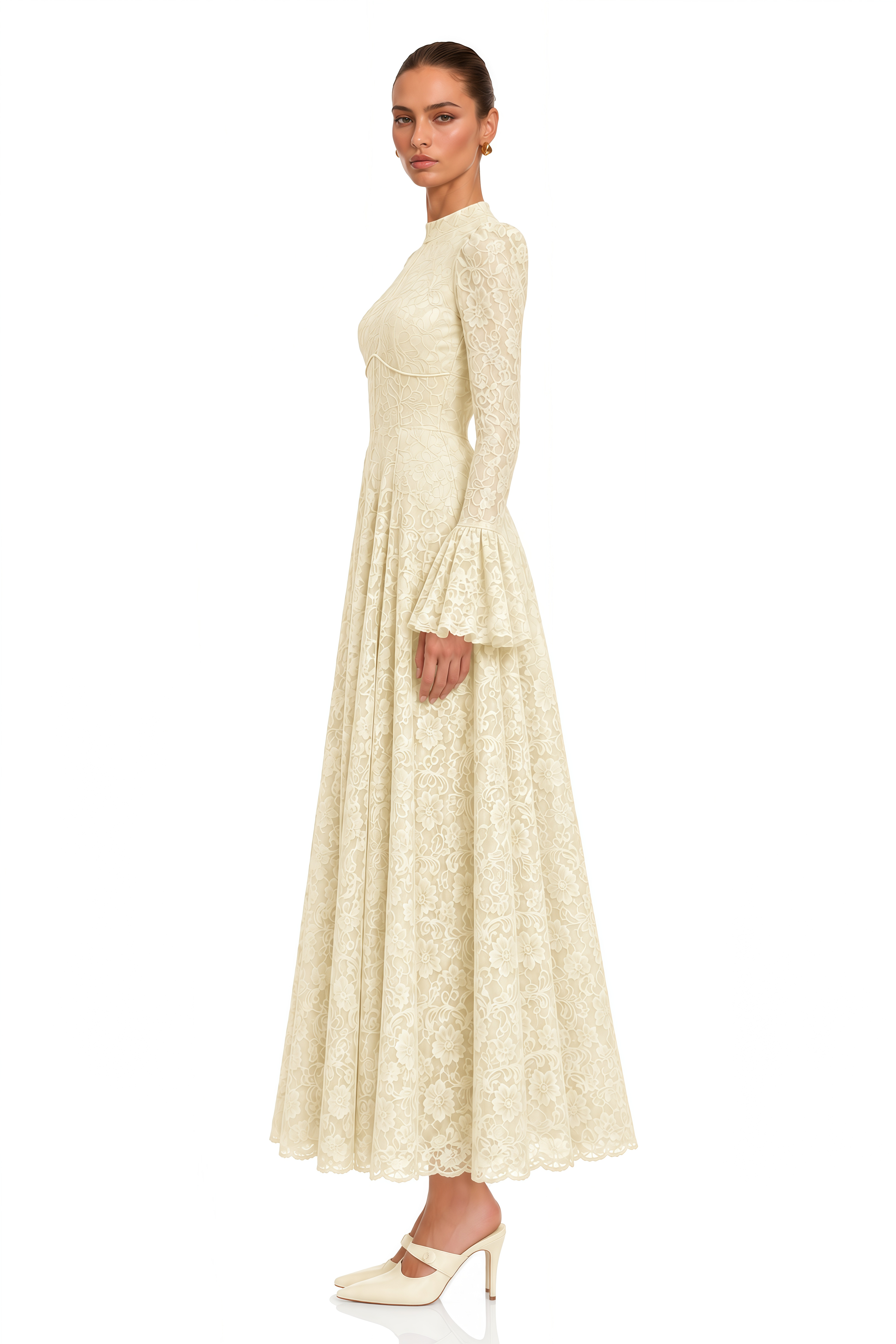 Elowena Ivory Floral Lace High Neck Maxi Dress