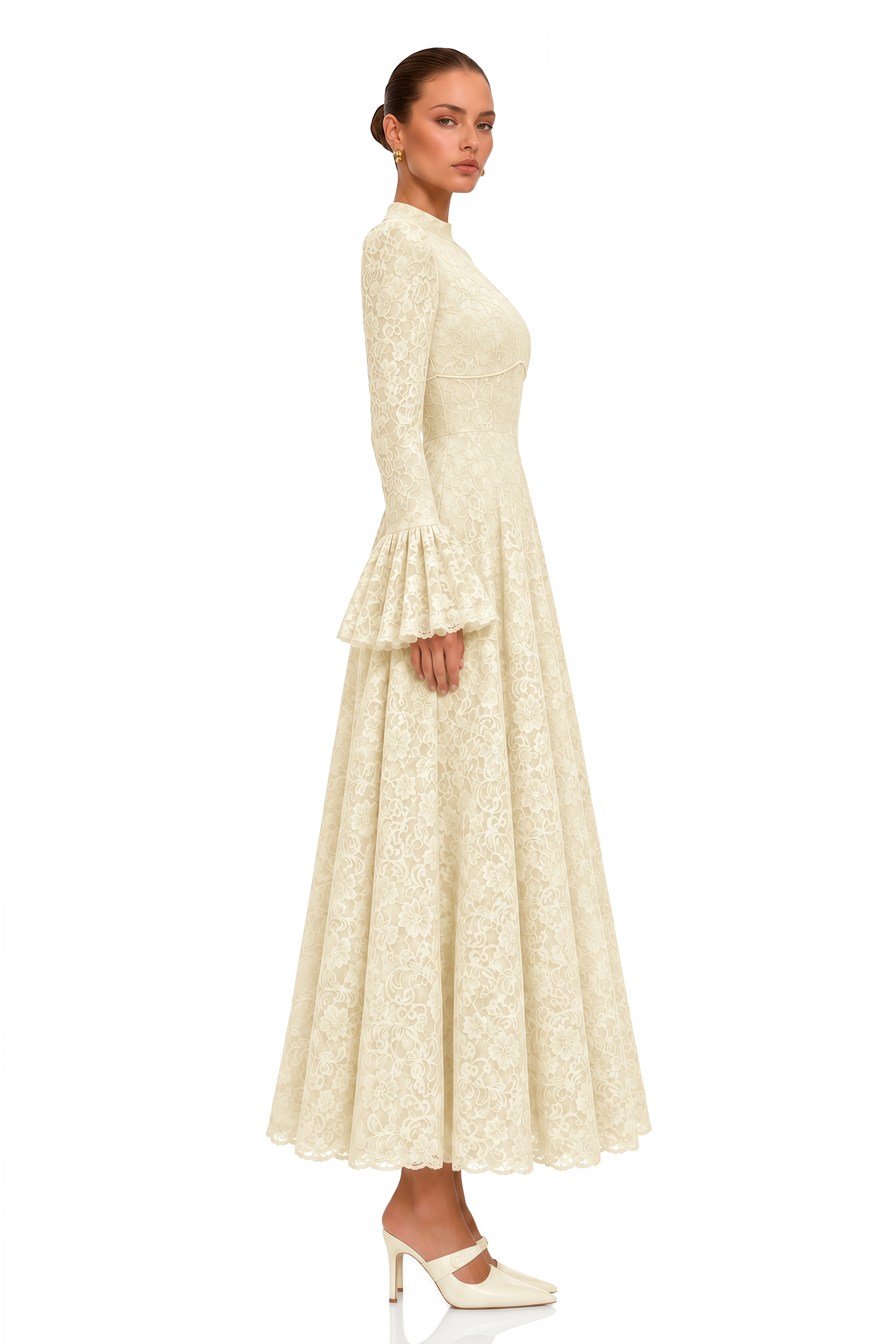 Elowena Ivory Floral Lace High Neck Maxi Dress