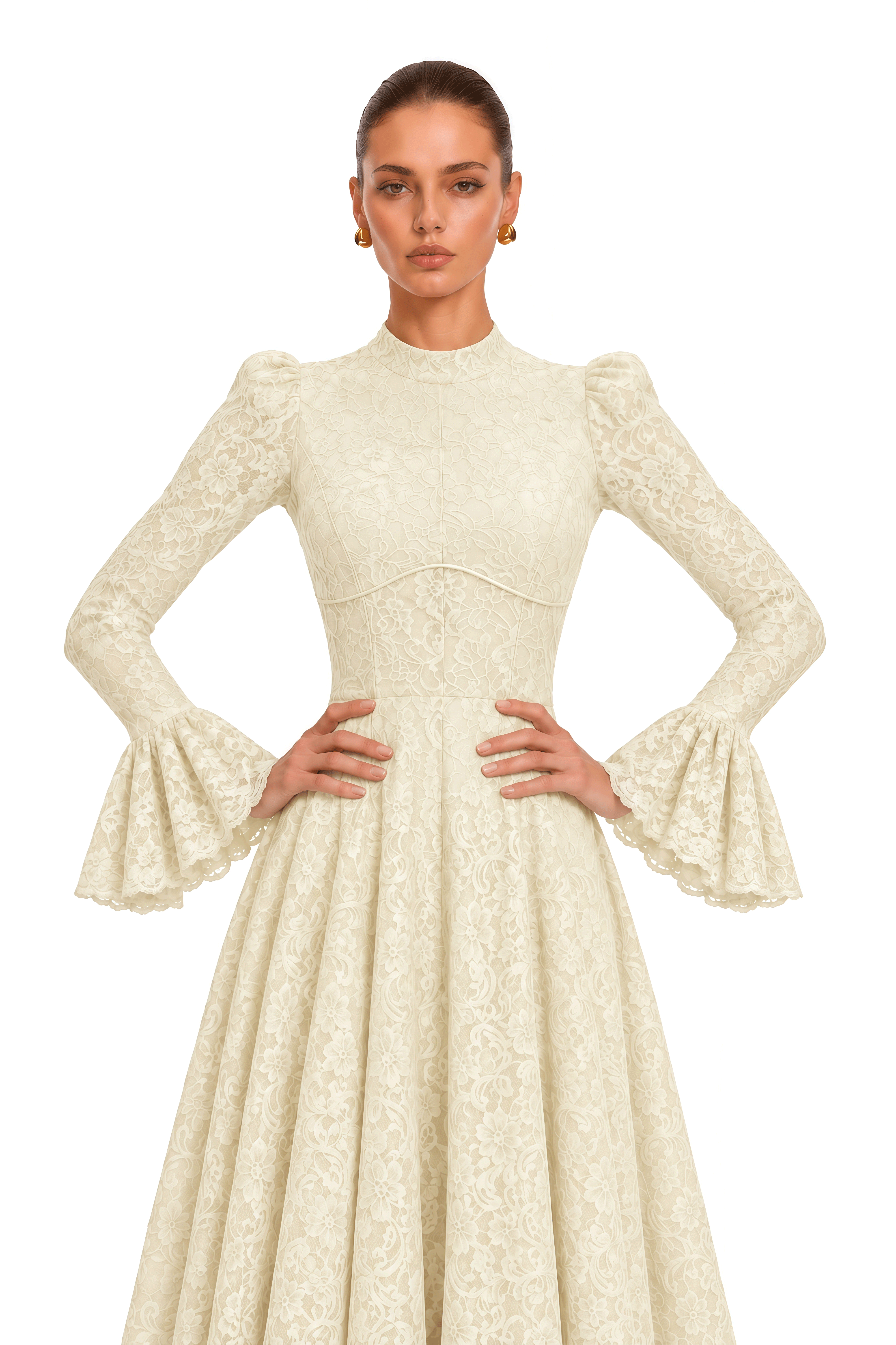 Elowena Ivory Floral Lace High Neck Maxi Dress