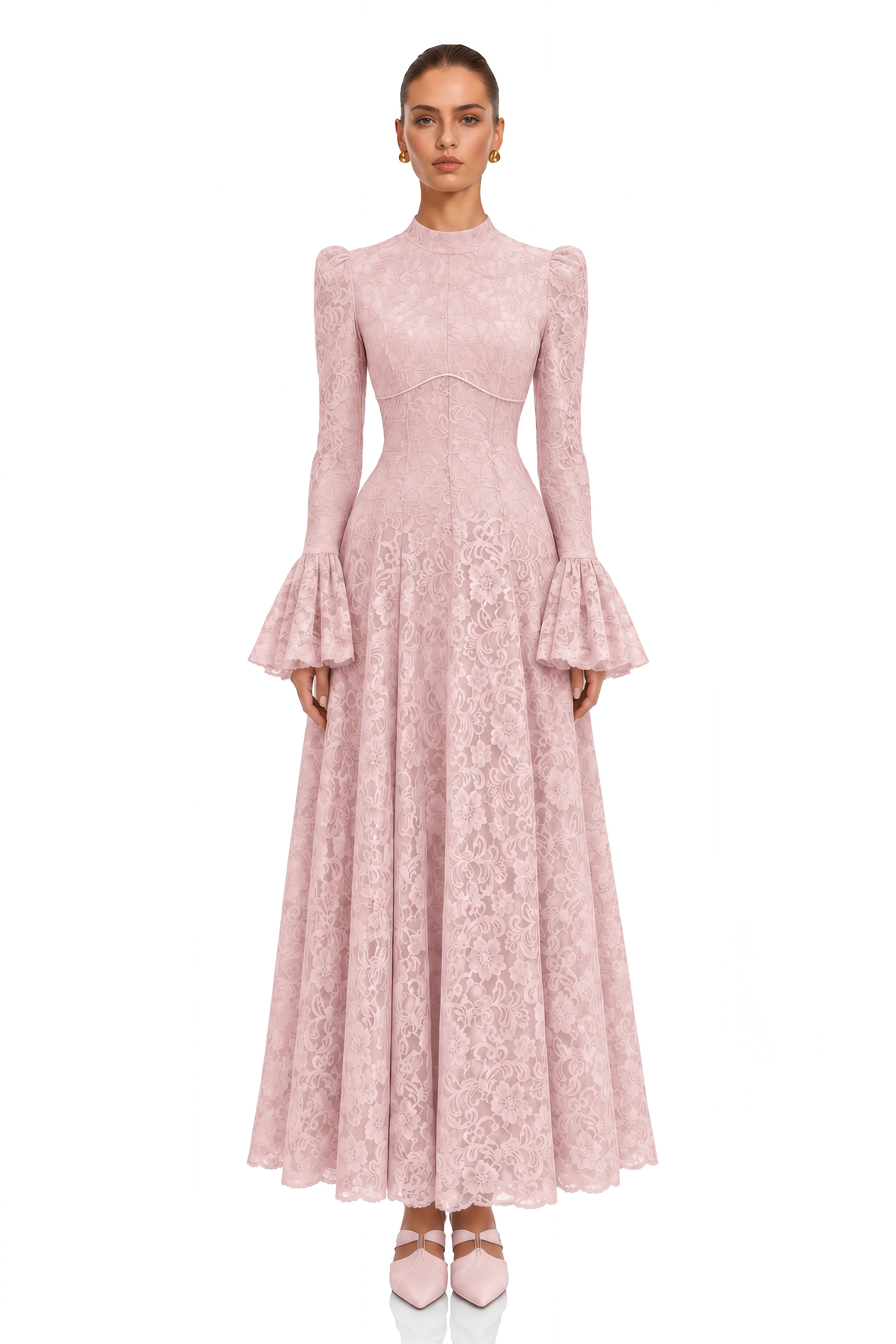 Elowena Pink Floral Lace High Neck Maxi Dress