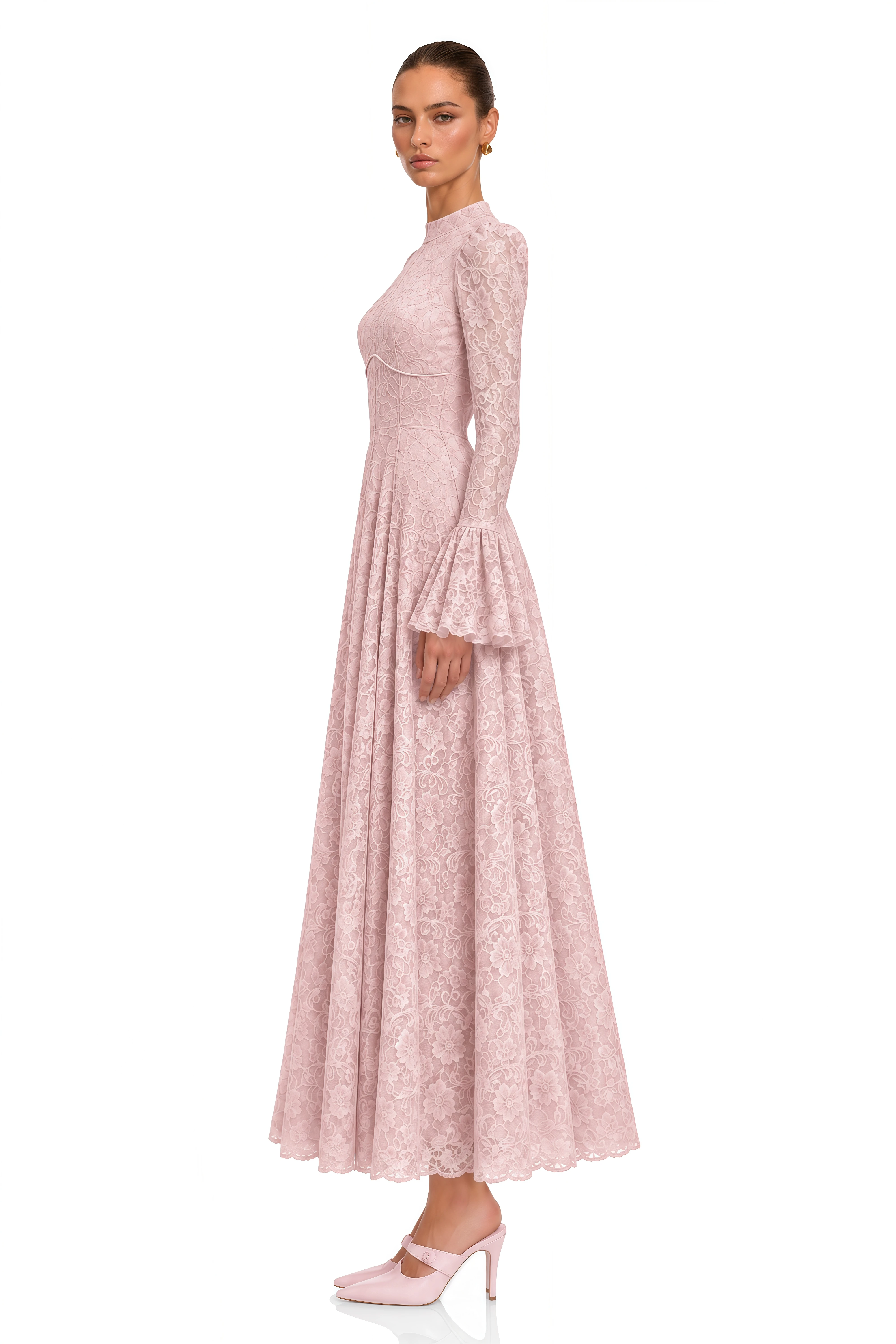 Elowena Pink Floral Lace High Neck Maxi Dress