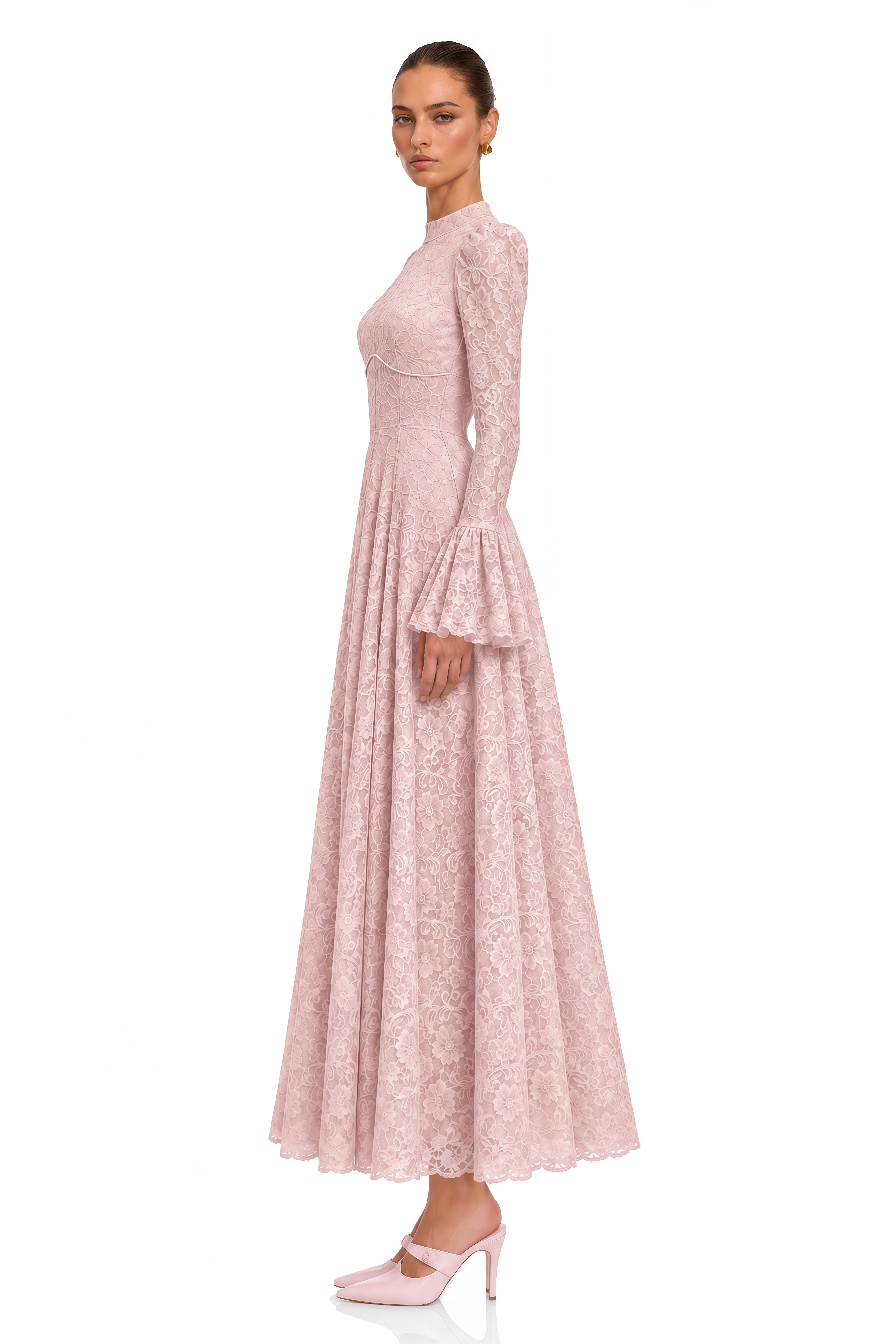 Elowena Pink Floral Lace High Neck Maxi Dress