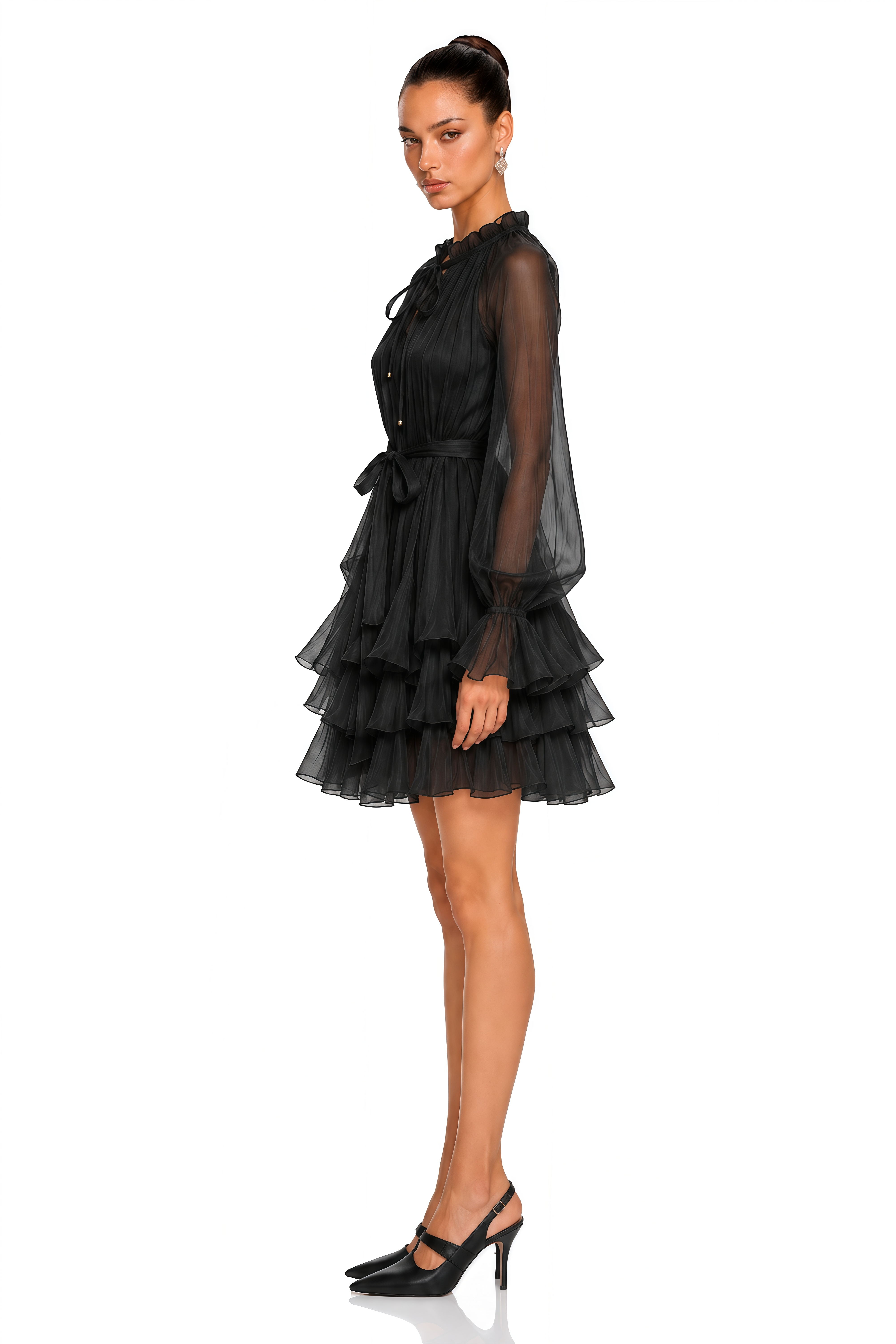 Elowette Black Bow Tie Ruffle Mini Dress