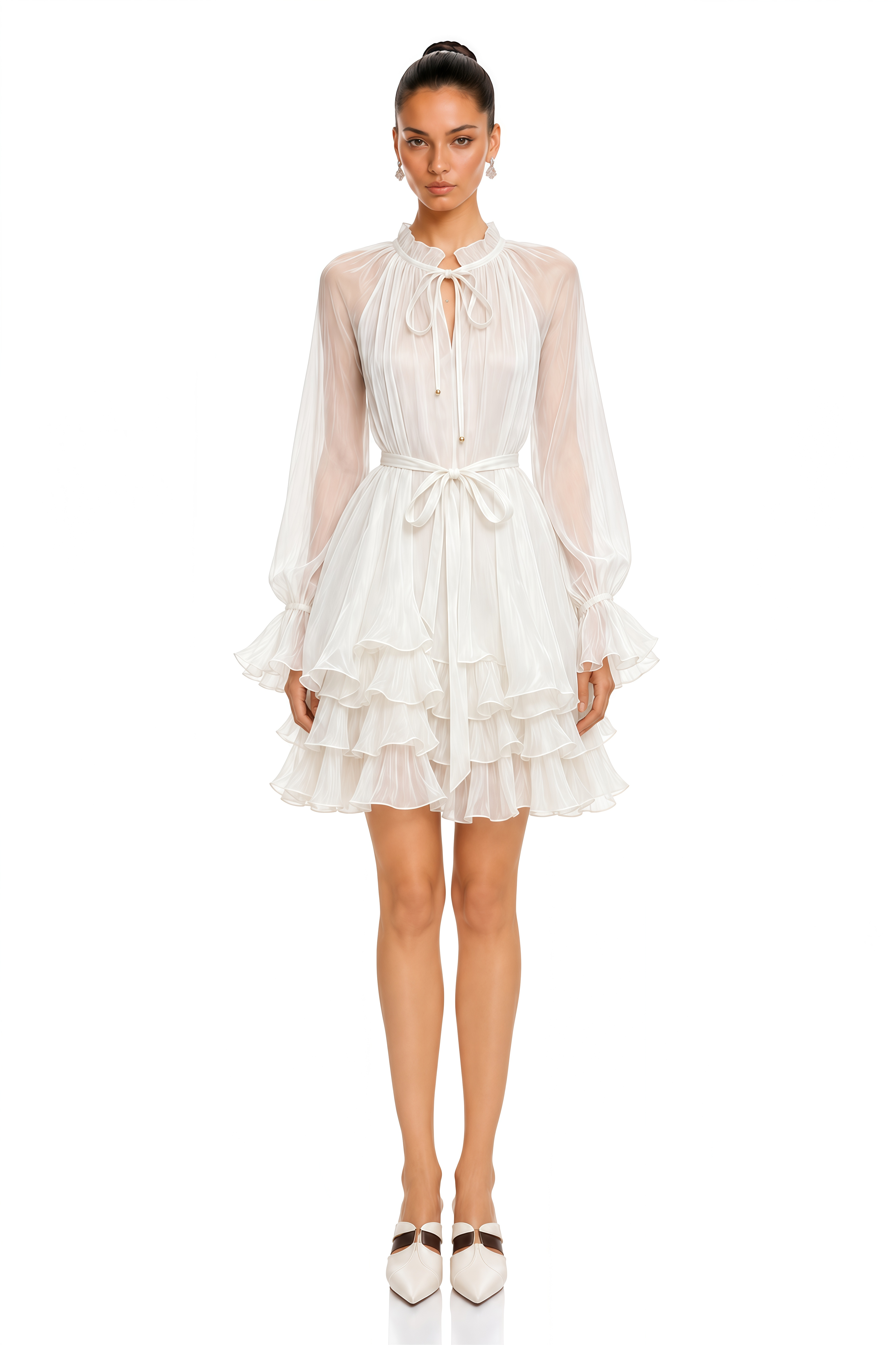 Elowette White Bow Tie Ruffle Mini Dress
