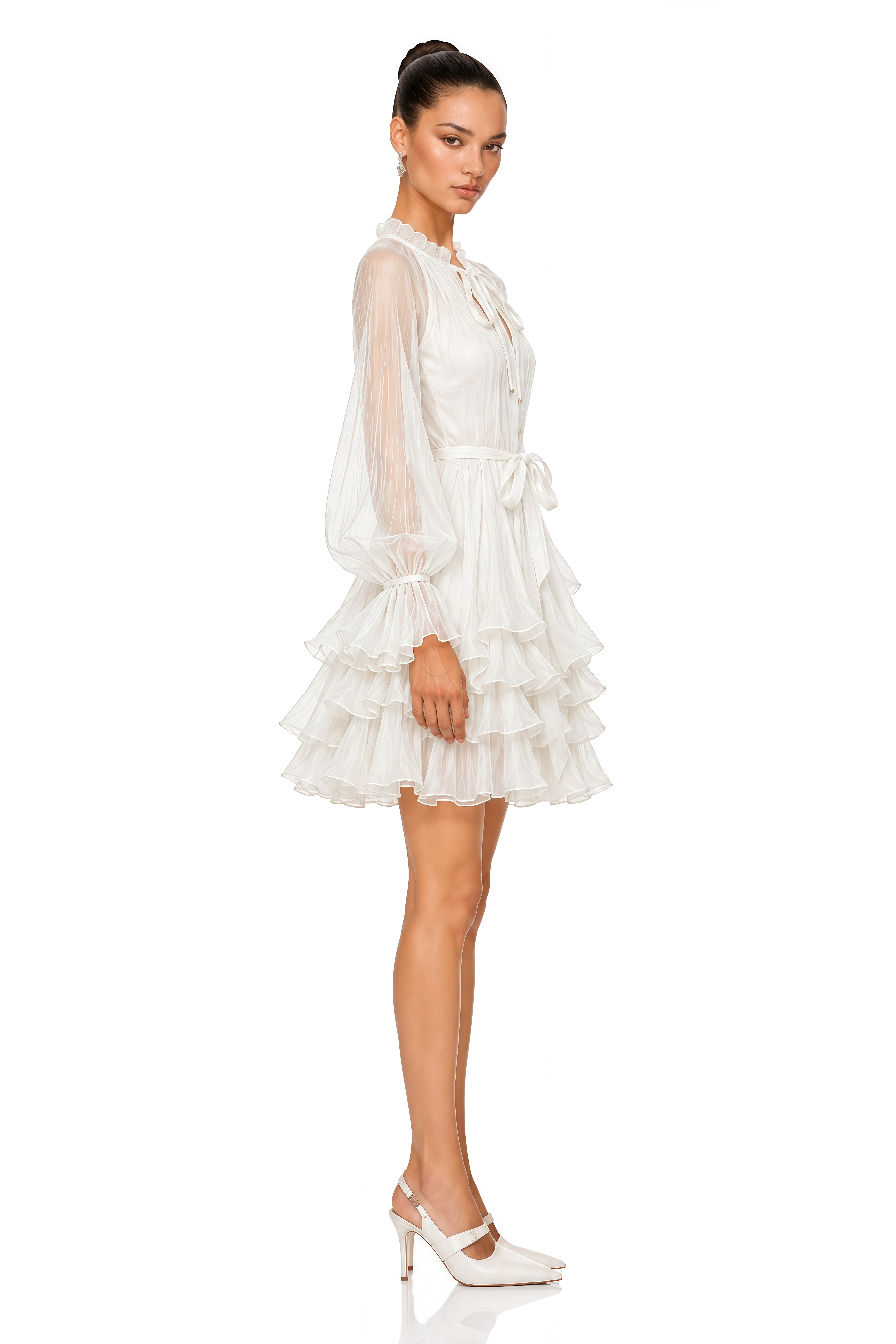 Elowette White Bow Tie Ruffle Mini Dress
