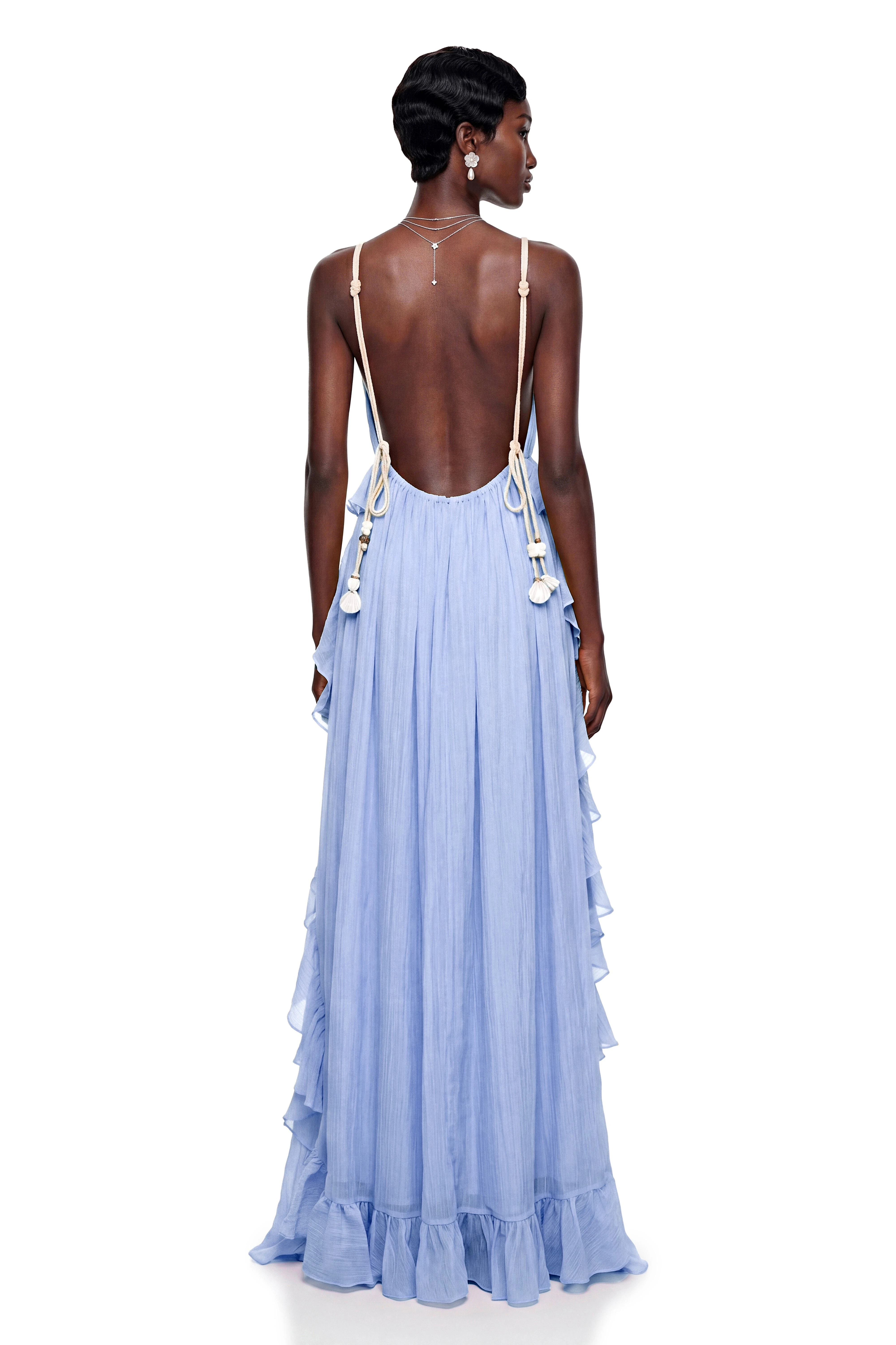 Light blue maxi dress with a plunging V-neckline and tiered vertical ruffles
