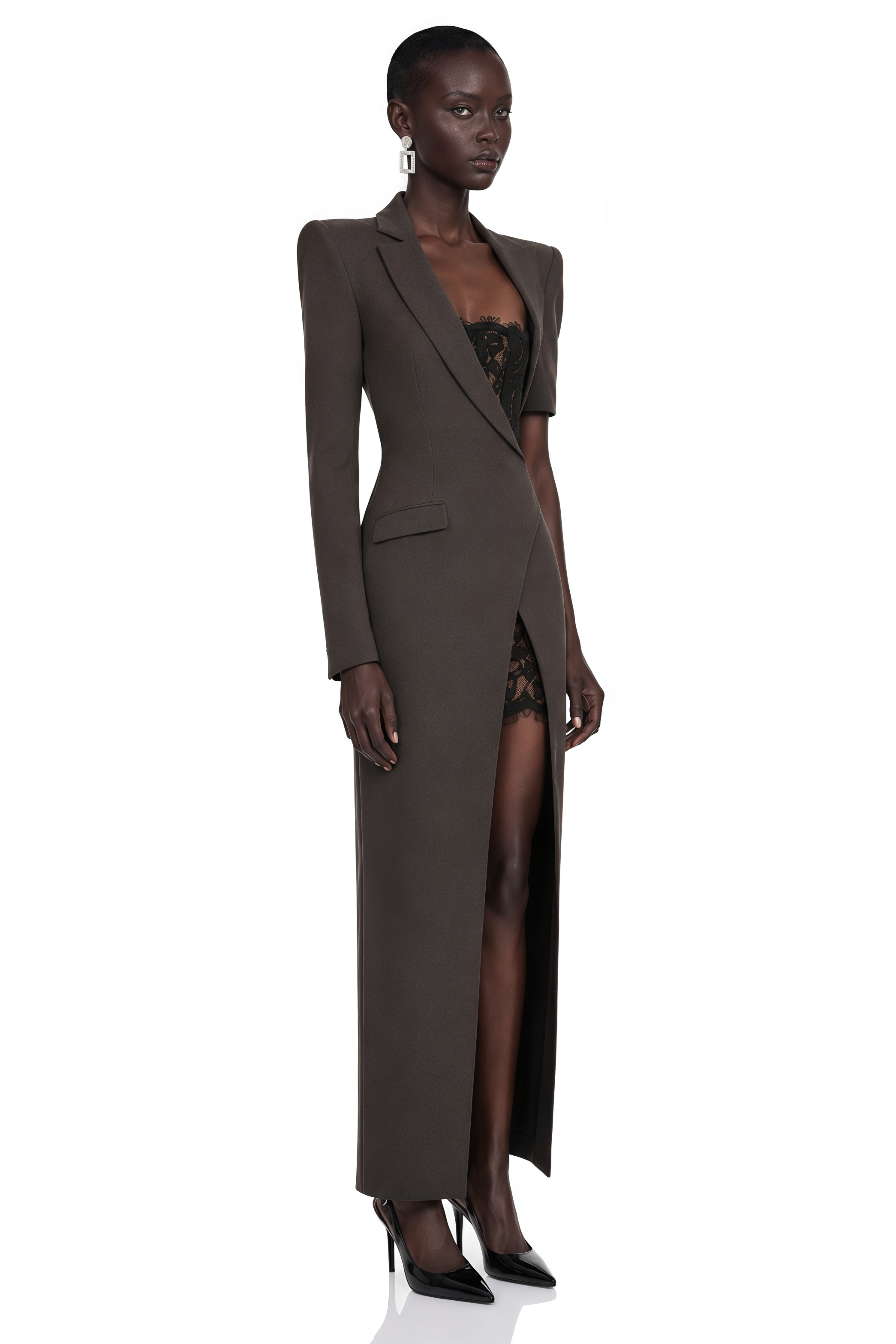 Elowyn Grey Tailored Maxi Dress with Lace Inserts and Slit