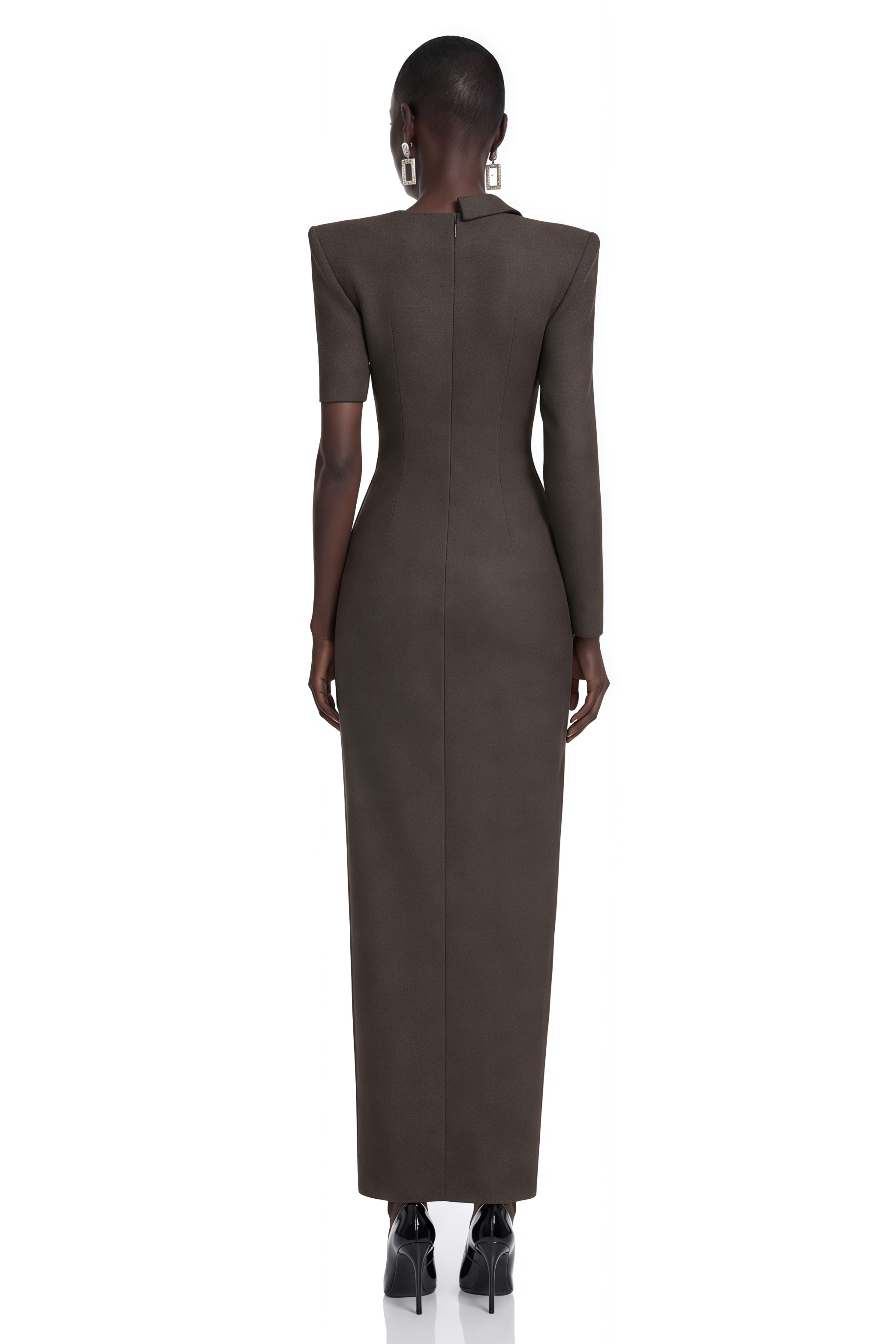 Elowyn Grey Tailored Maxi Dress with Lace Inserts and Slit