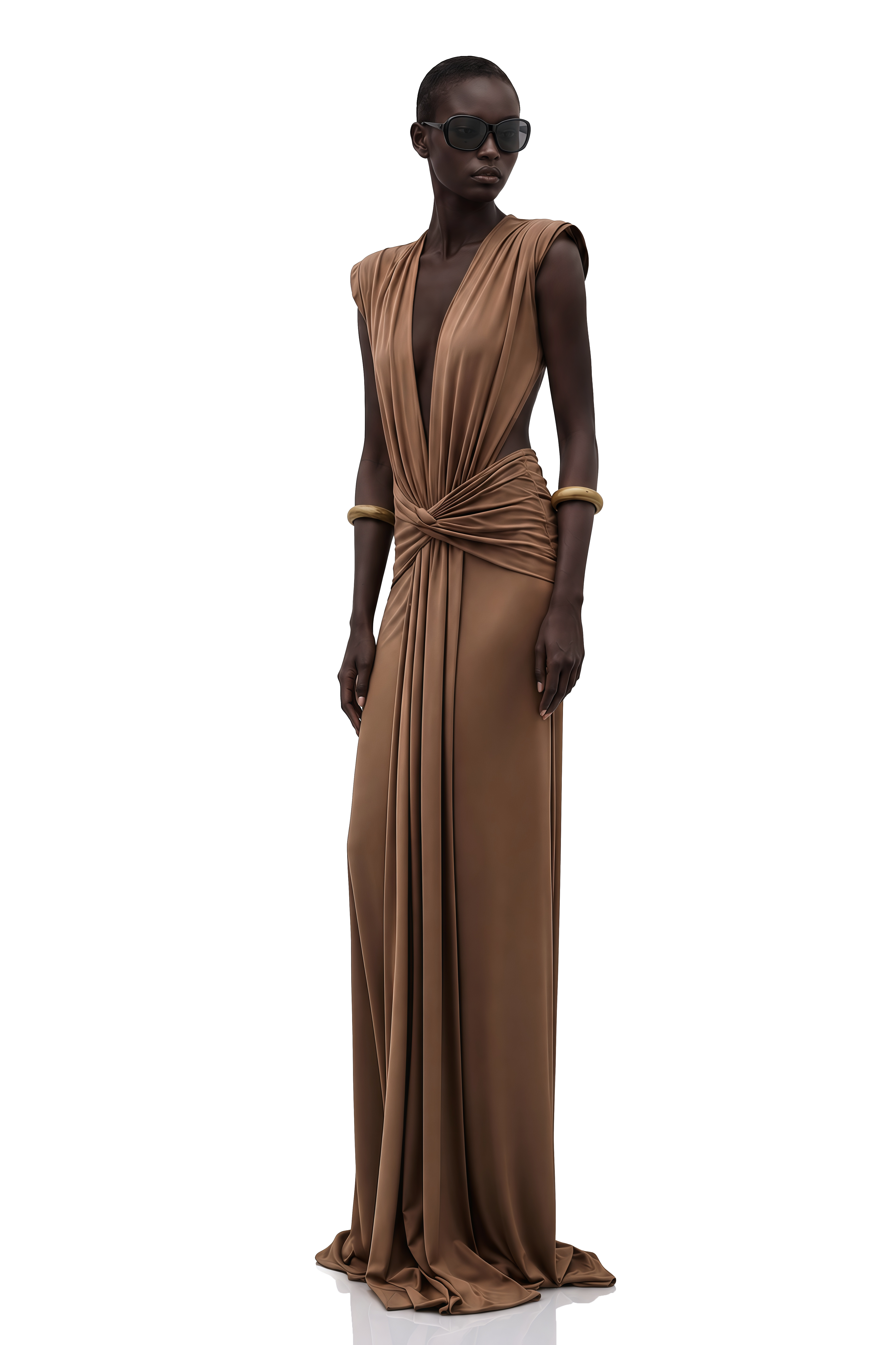 Else Brown Deep V-Neck Twisted Maxi Dress