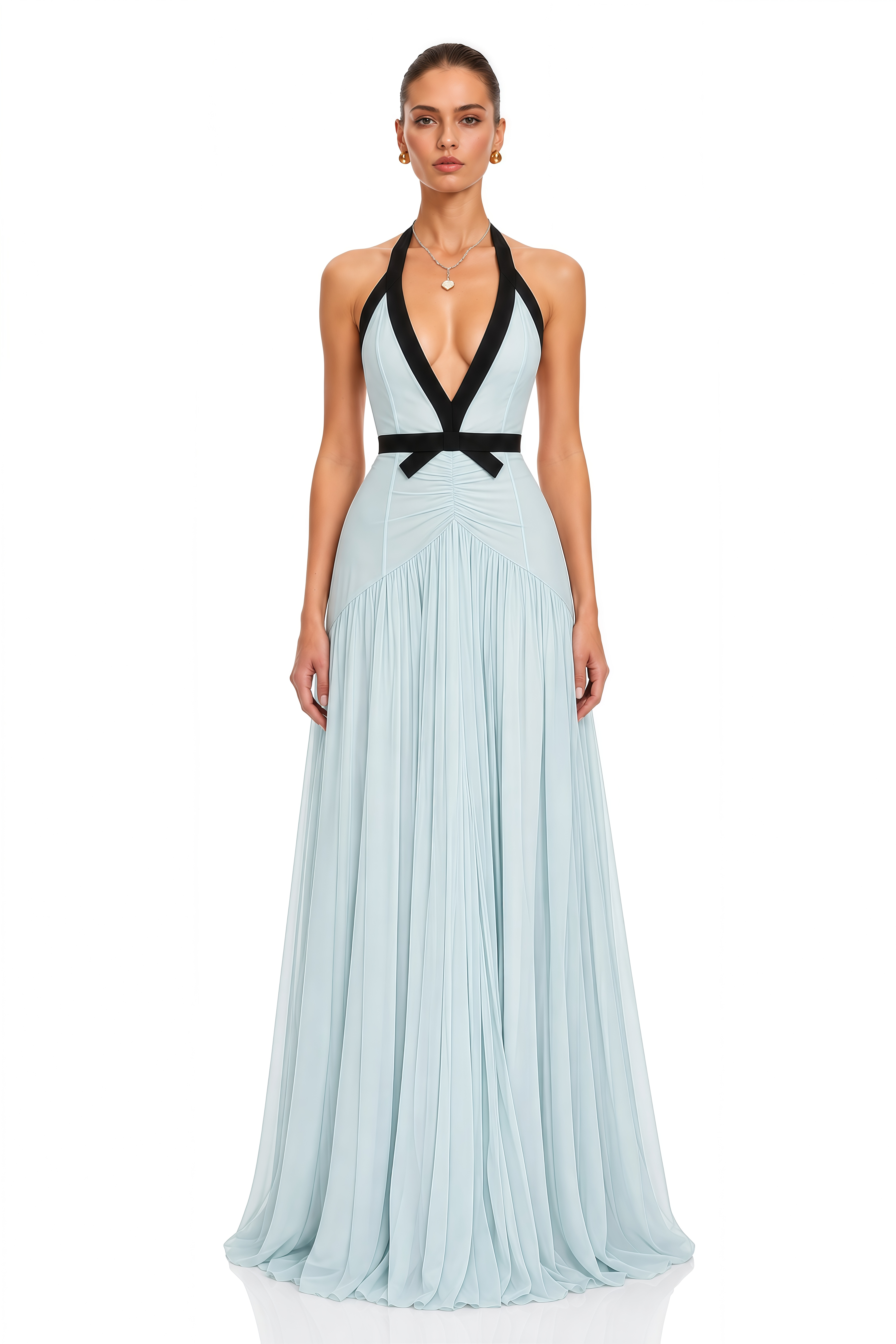 Elsie Blue Contrast Halterneck Ruched Maxi Dress