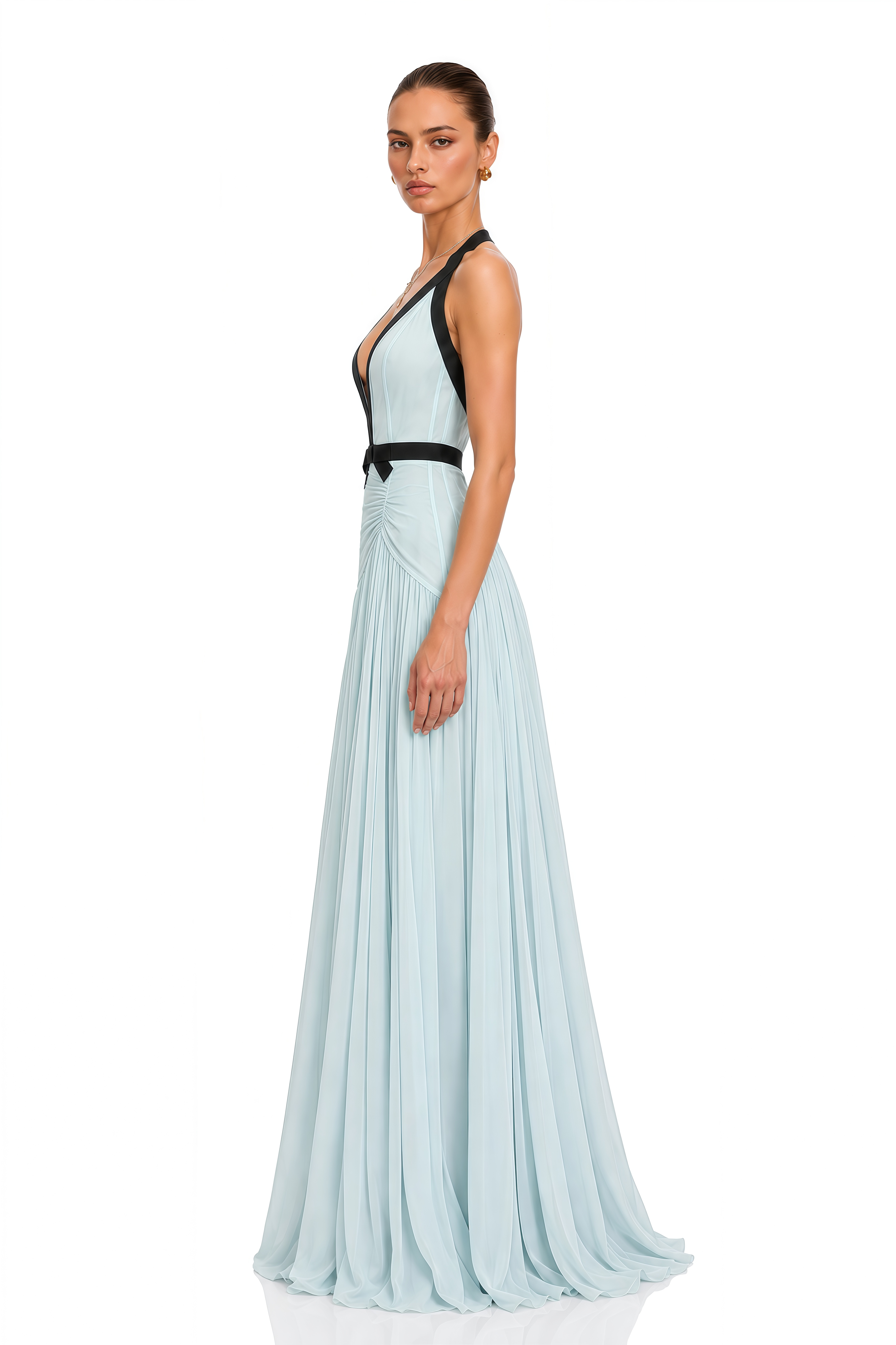 Elsie Blue Contrast Halterneck Ruched Maxi Dress