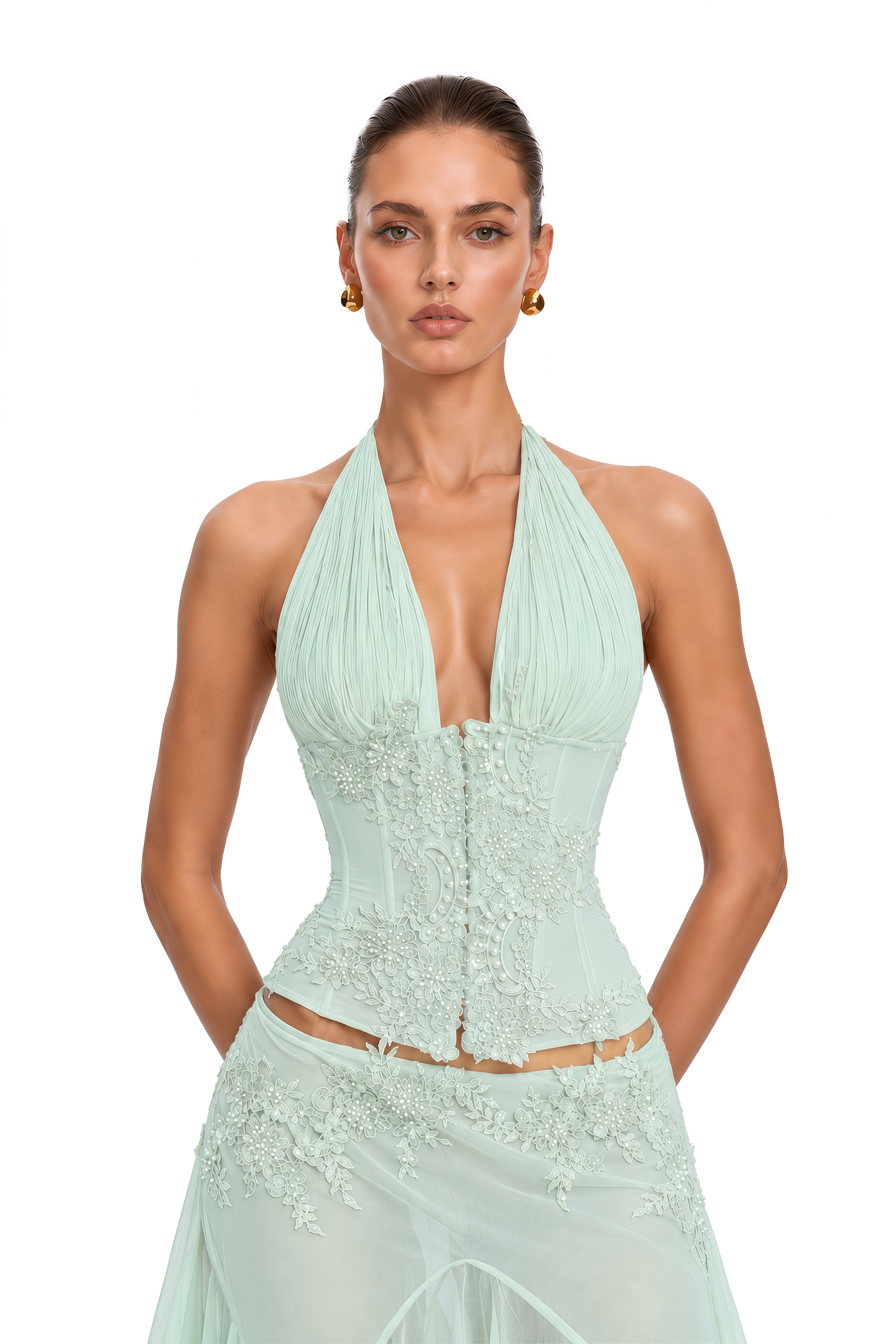 Elsie Mint Green Applique Corset Top & Asymmetric Skirt Set
