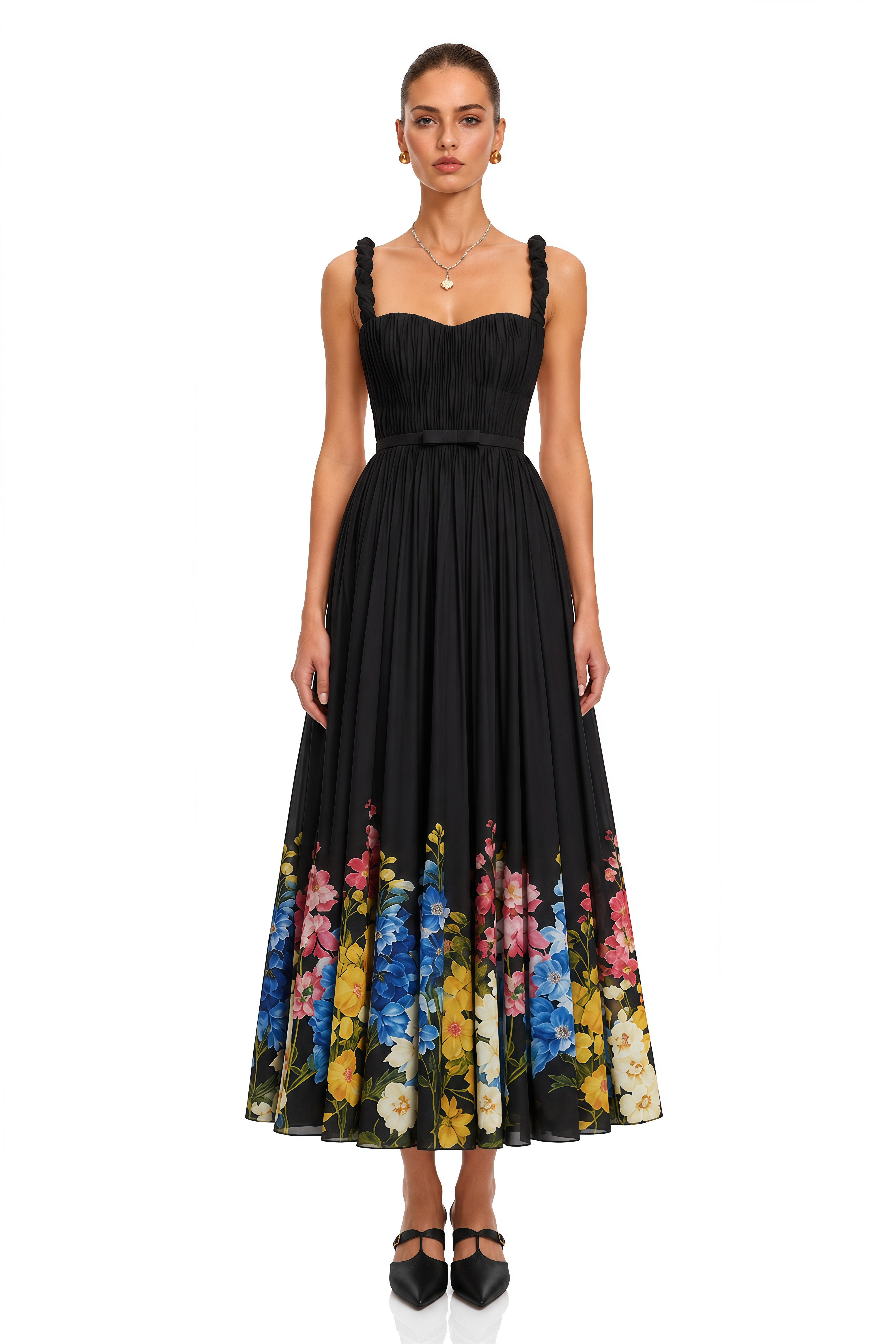 Elspeth Black Floral Spaghetti Strap Midi Dress