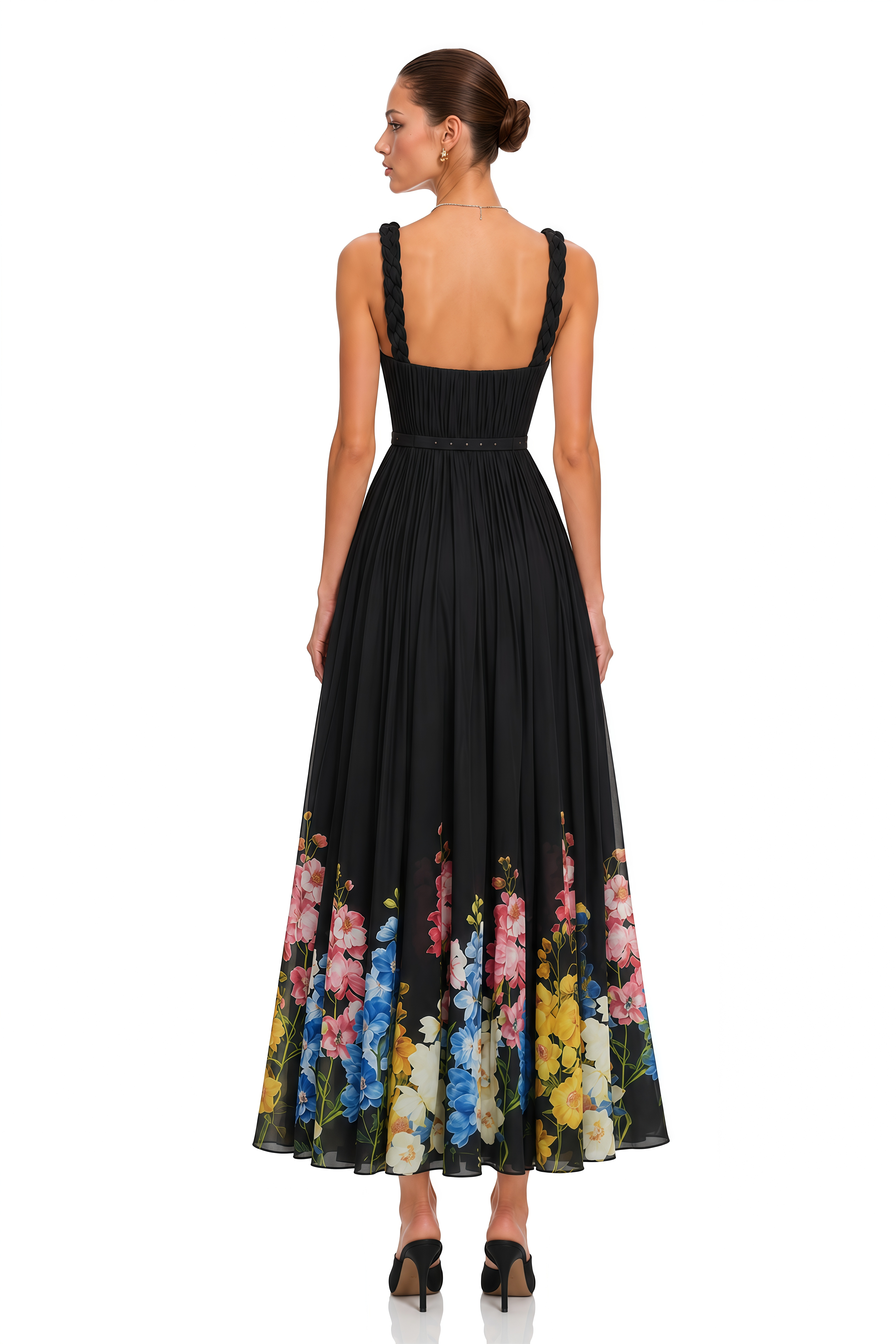 Elspeth Black Floral Spaghetti Strap Midi Dress