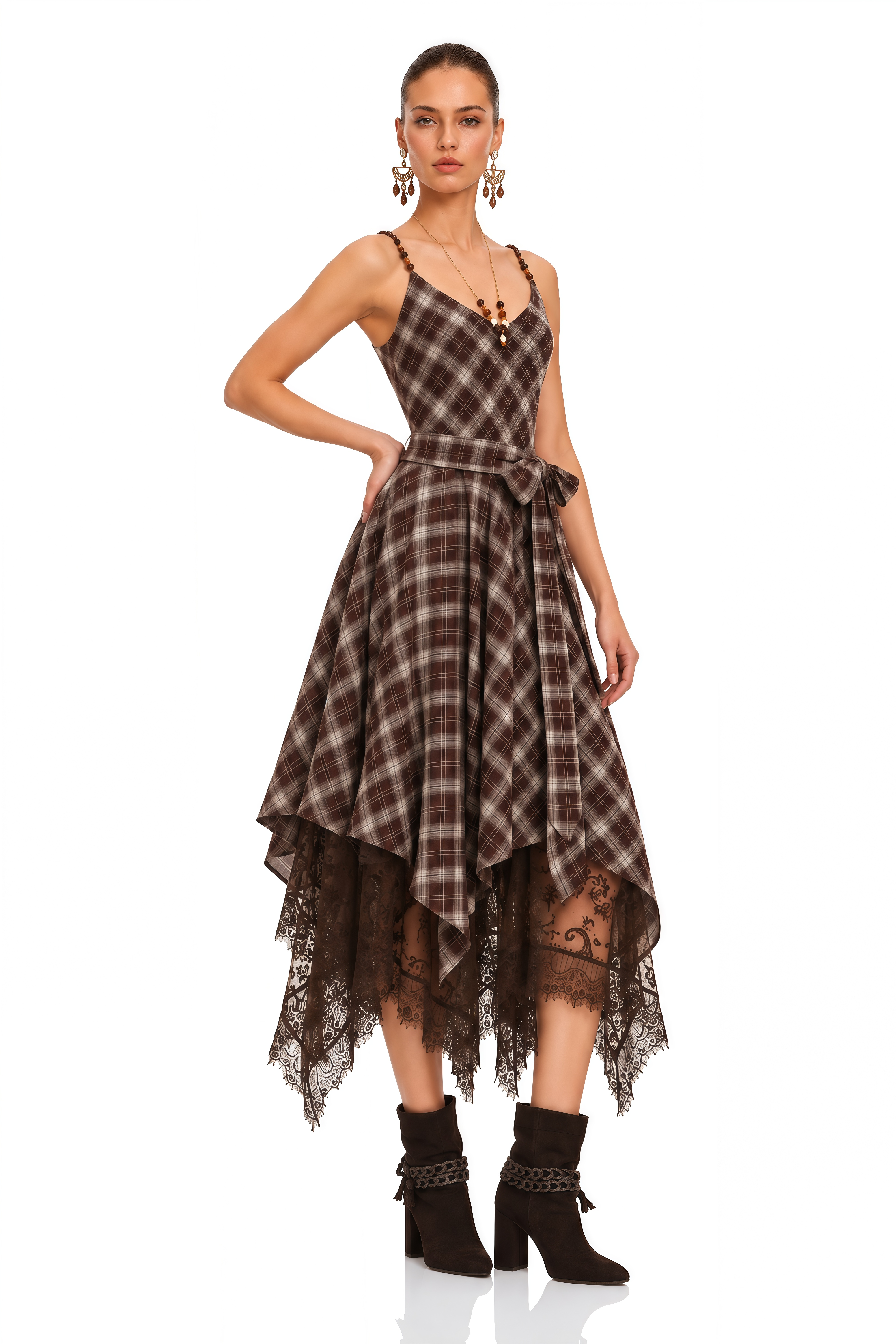 Elspeth Brown Plaid Lace Trim Asymmetrical Midi Dress