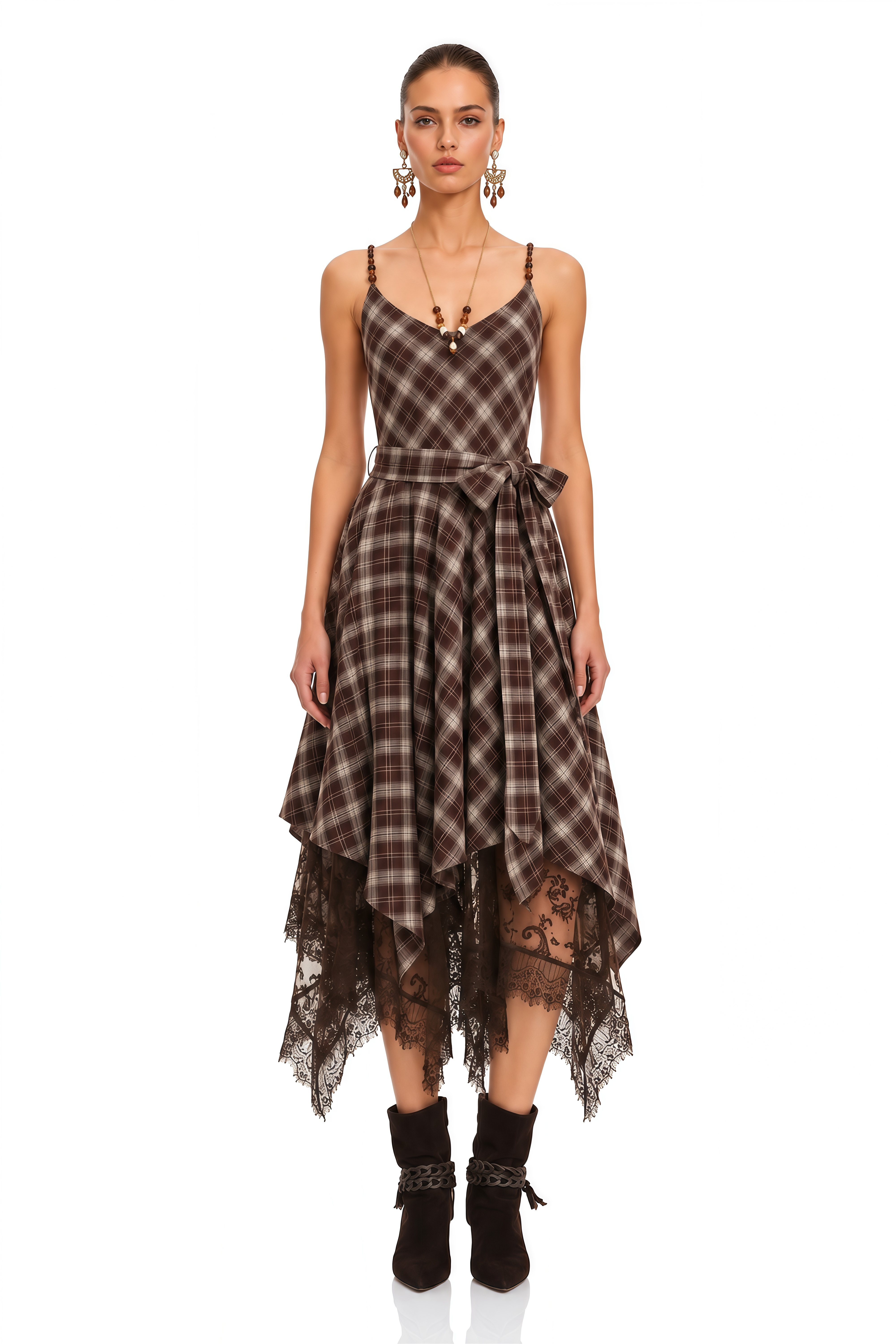 Elspeth Brown Plaid Lace Trim Asymmetrical Midi Dress