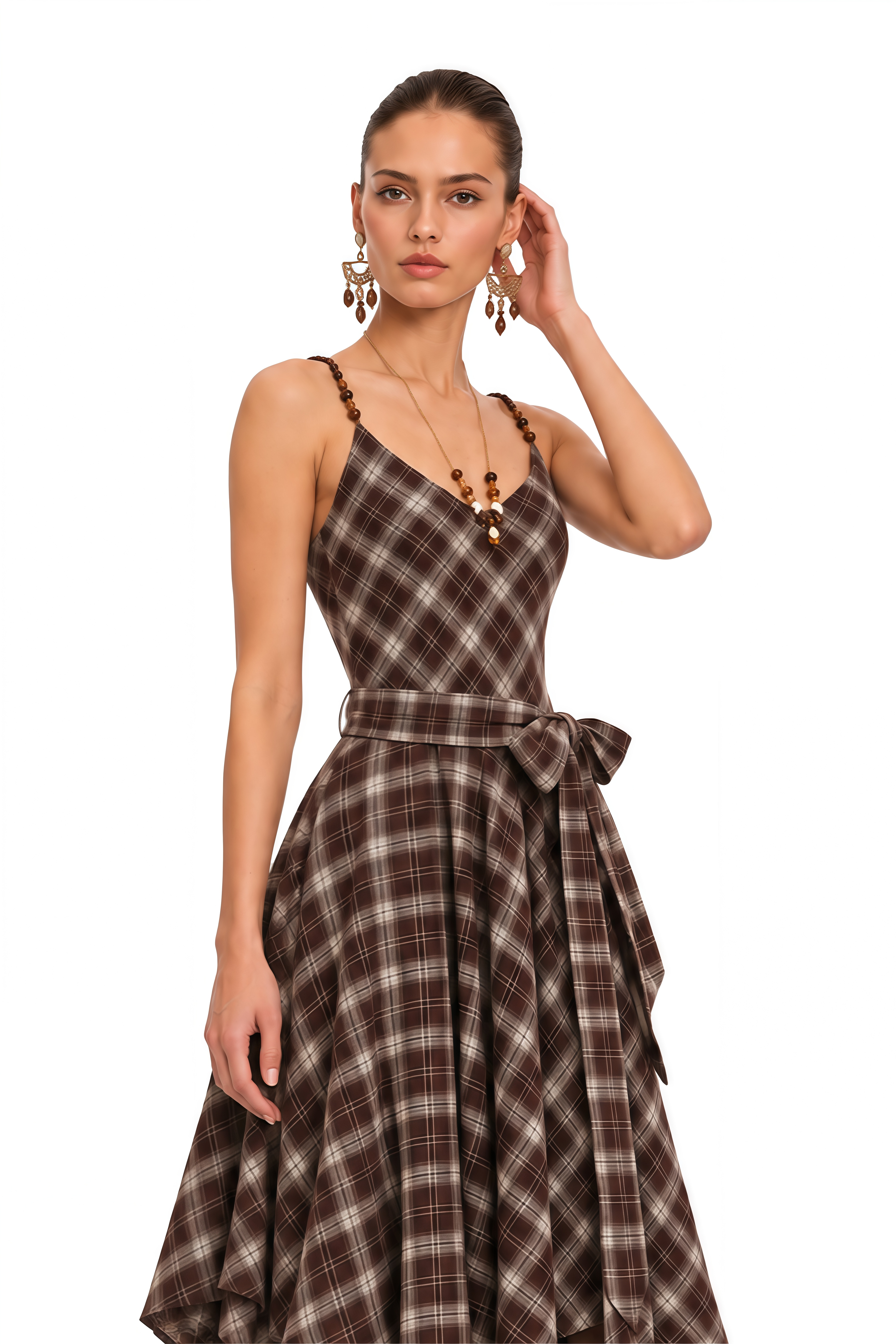 Elspeth Brown Plaid Lace Trim Asymmetrical Midi Dress