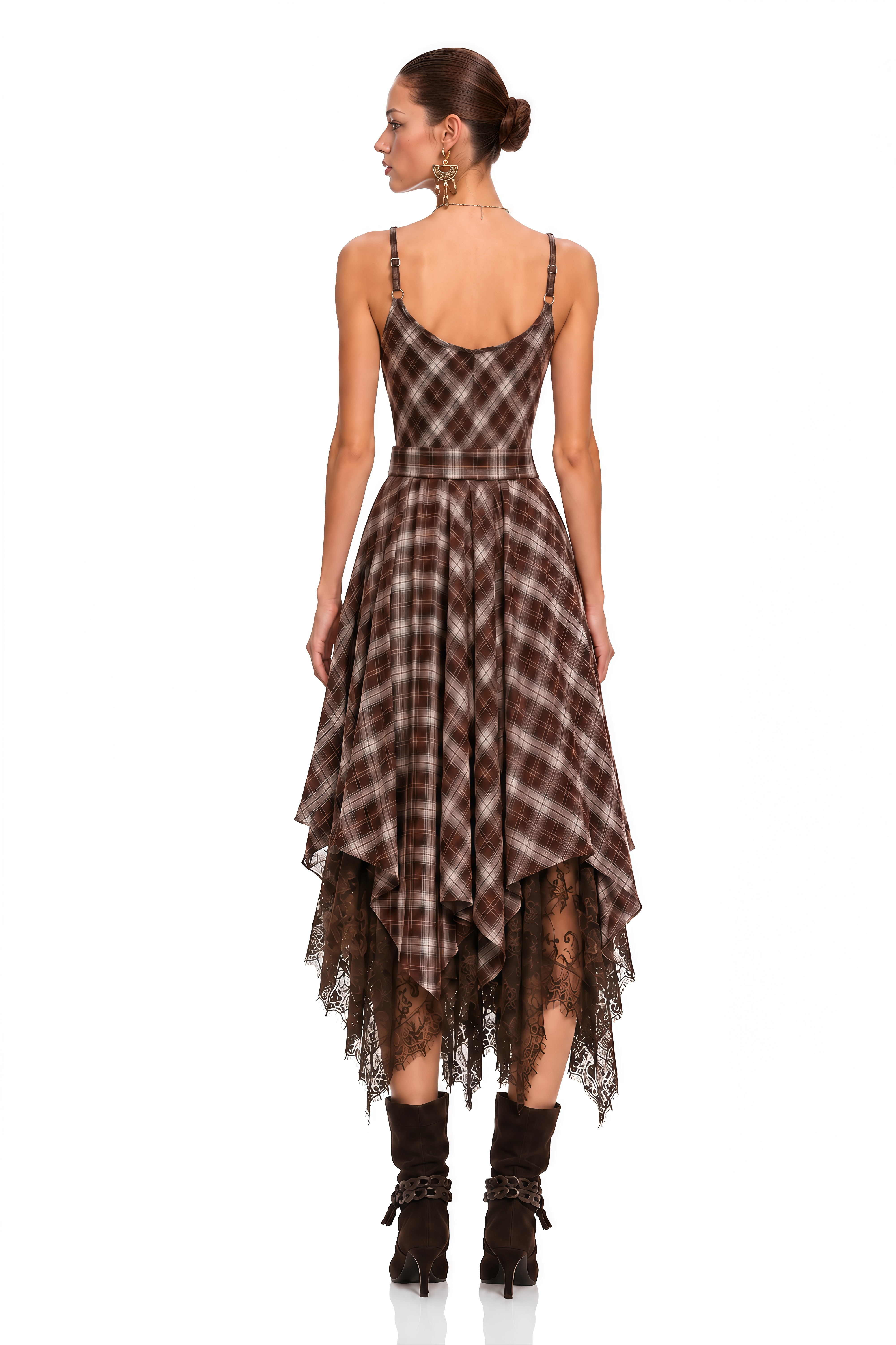 Elspeth Brown Plaid Lace Trim Asymmetrical Midi Dress