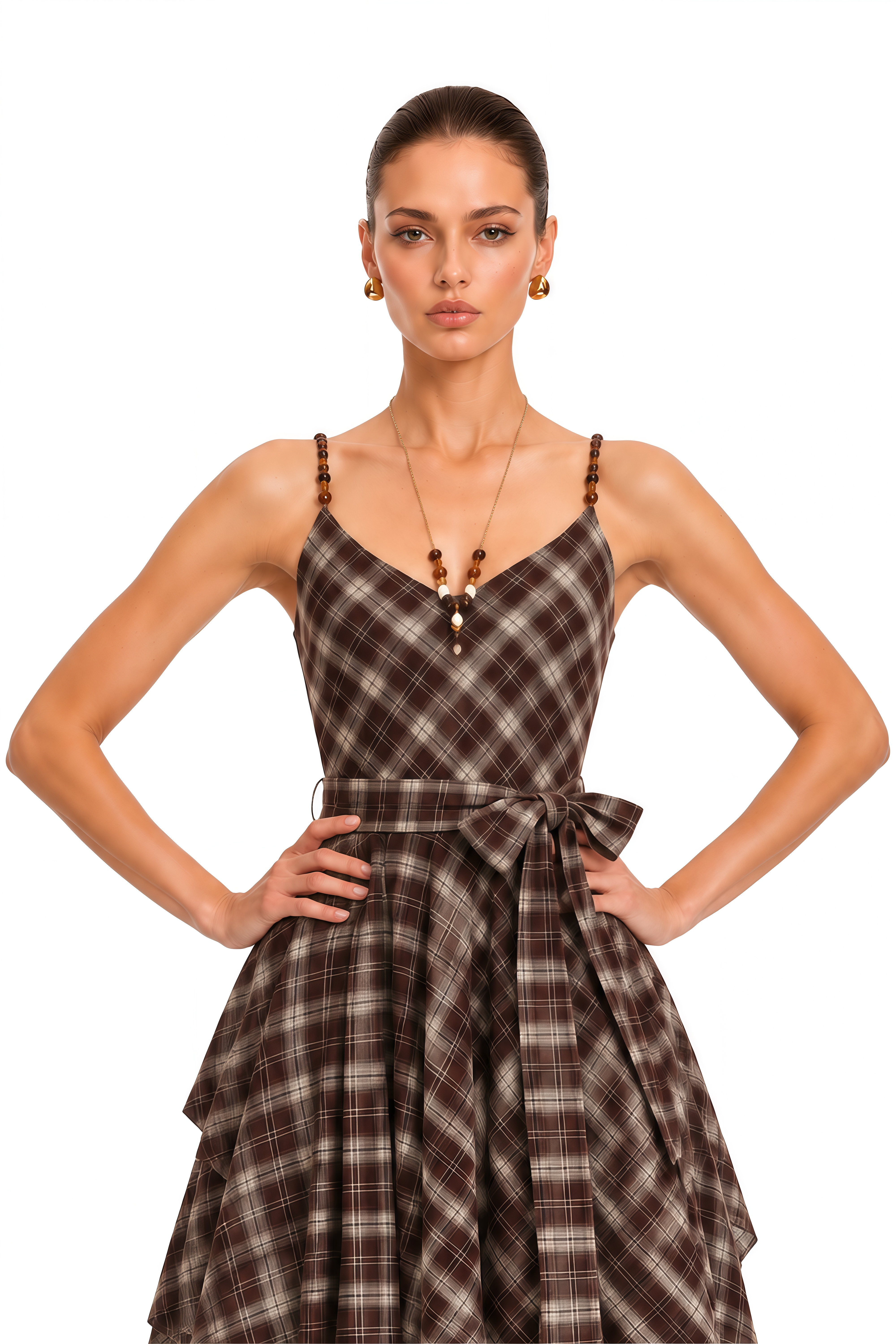 Elspeth Brown Plaid Lace Trim Asymmetrical Midi Dress