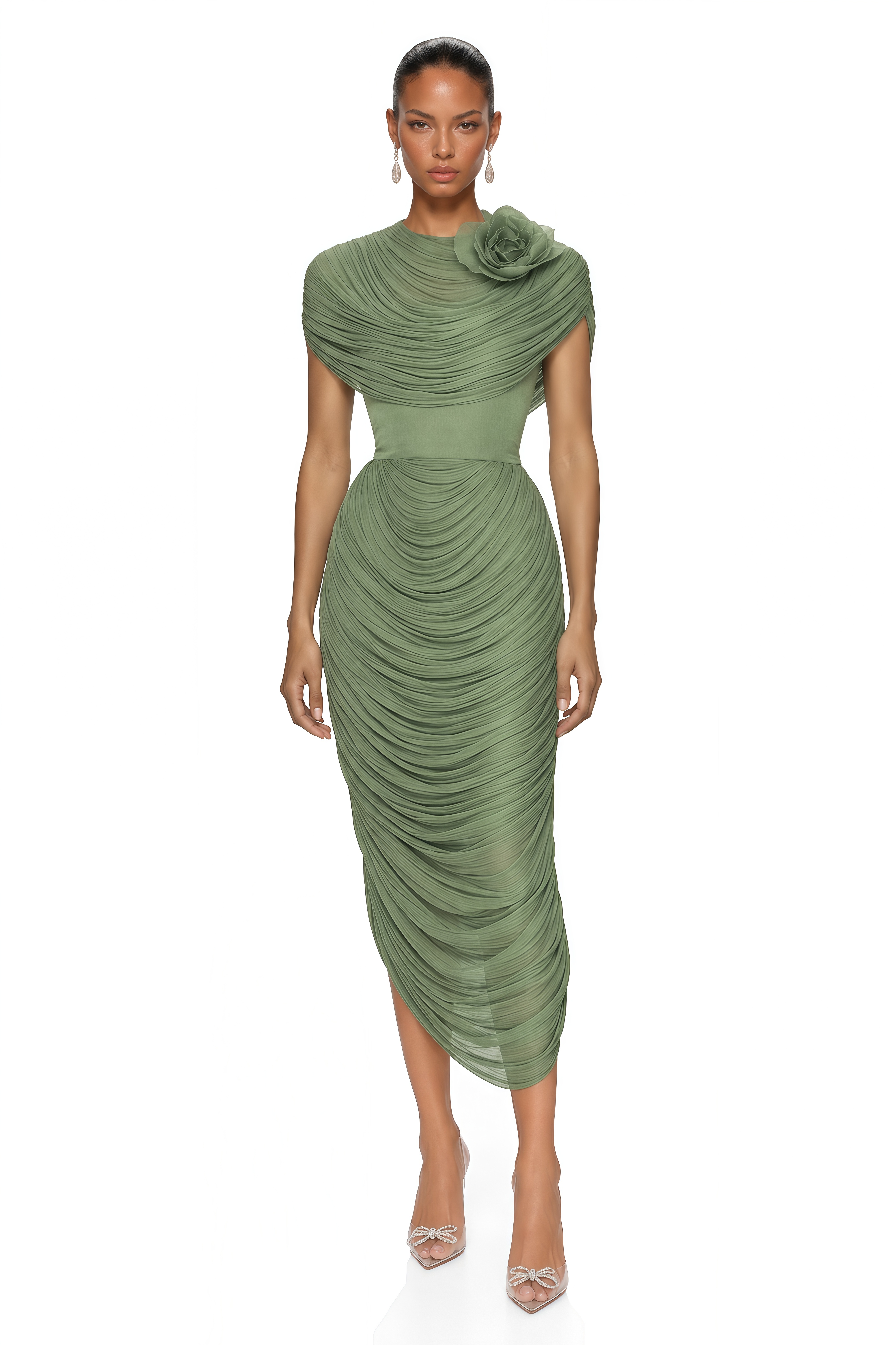 Elysia Green Draped Shawl & Strapless Midi Dress Set